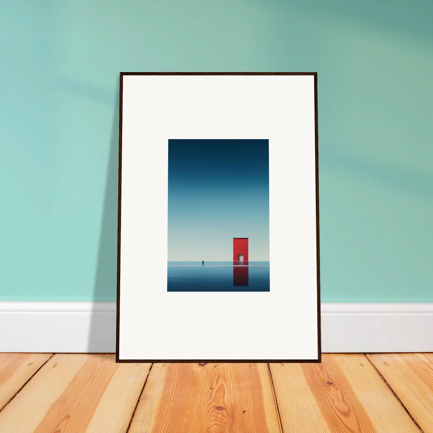 Framed minimalist artwork featuring a red door against a blue gradient sky for Open Horizon Special Edition Art