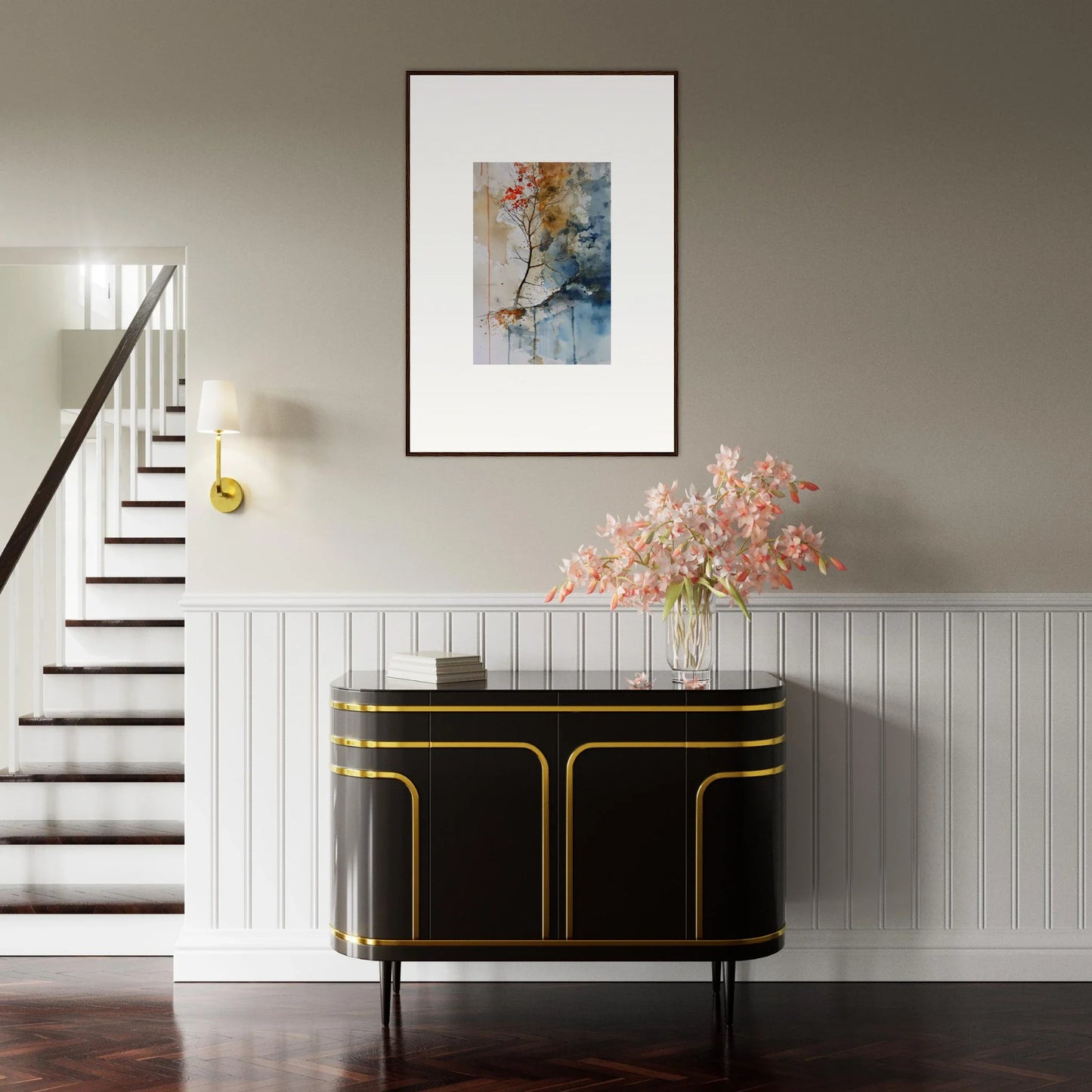 Elegant black sideboard with gold trim, perfect for room decoration with Autumn Echoes