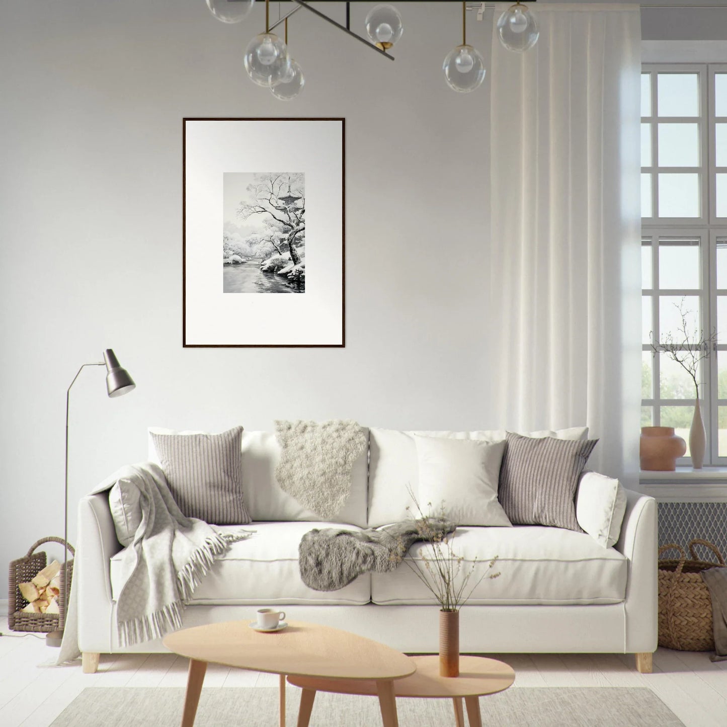 Cozy white sofa with gray and cream pillows in Metaphysical Winter Reverie style