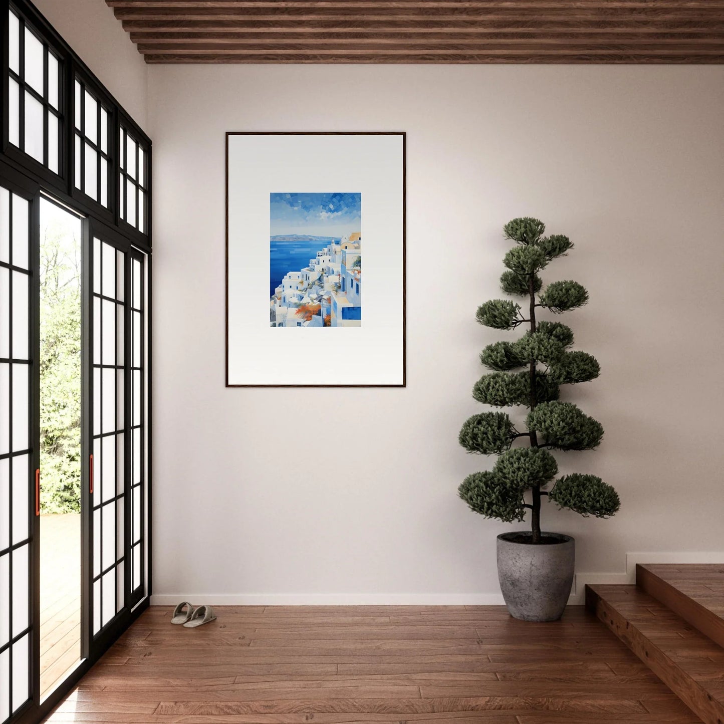 Framed wall art of Santorini’s blue domes in the Ethereal Azure Echoes collection