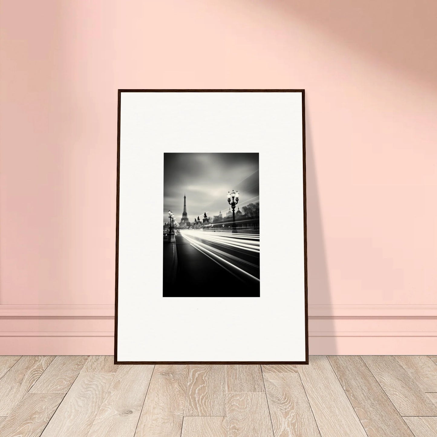 Framed black and white Eiffel Tower photo with light trails, a special edition art™ piece