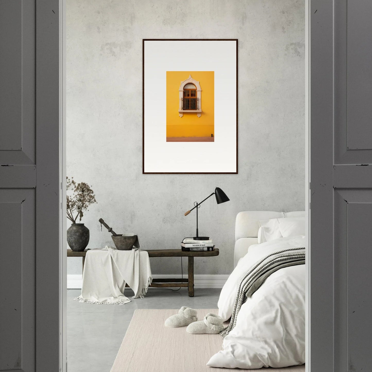 Framed photo of a yellow wall and arched window from the Golden Portal Reverie collection
