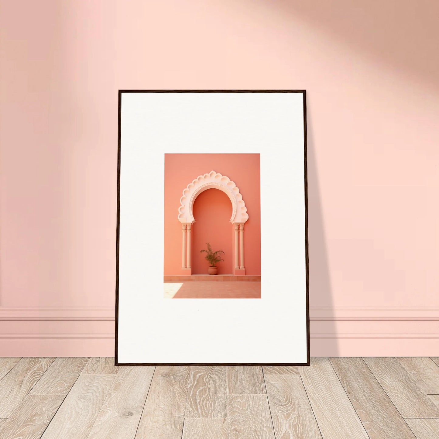 Framed wall art of a coral archway and plant from the Narco Échappatoire Portal