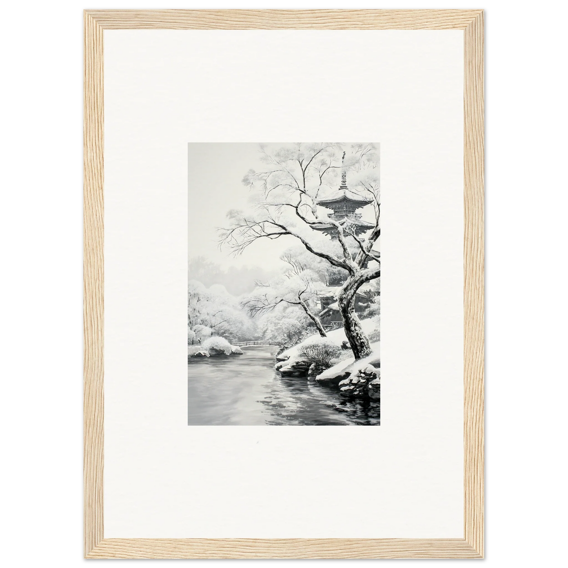 Black and white winter landscape art in a wooden frame from Metaphysical Winter Reverie