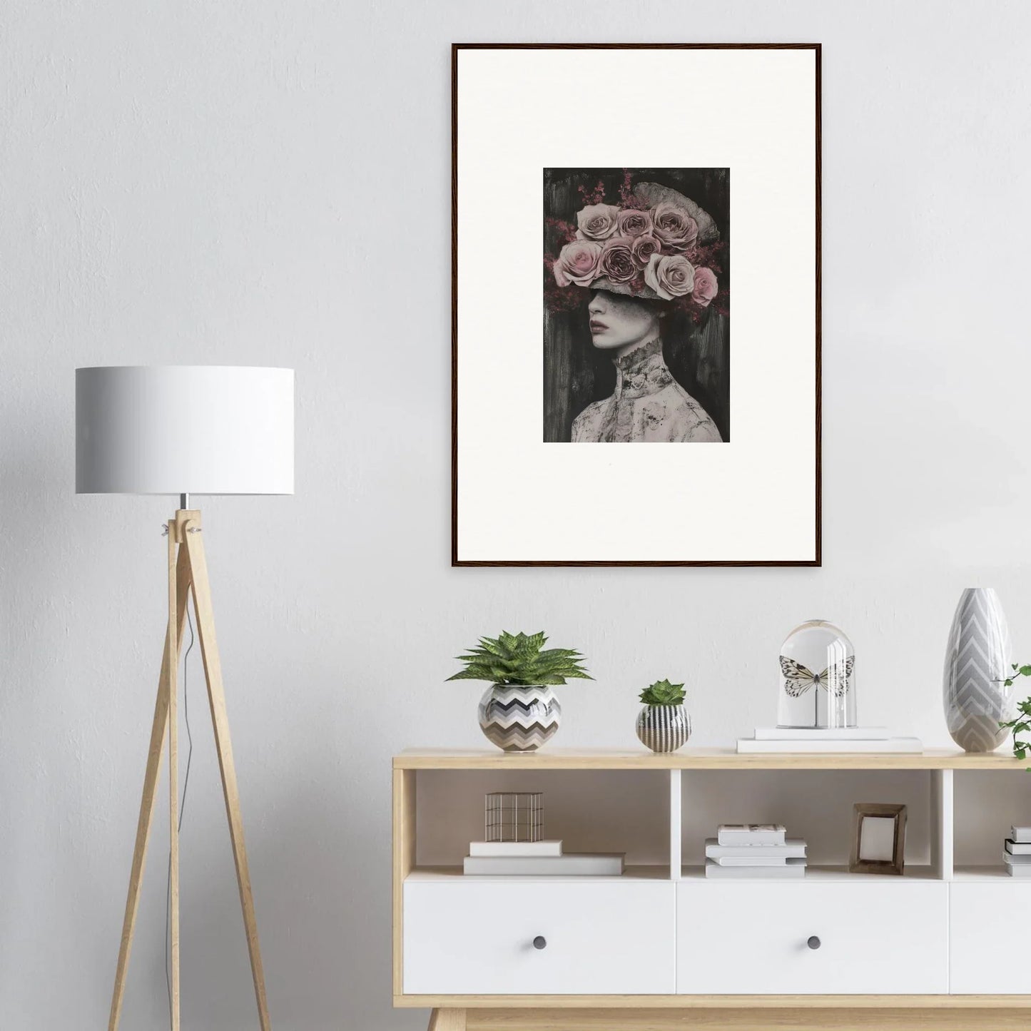 Black and white framed artwork of roses as a headdress for Floral Odyssey Veil
