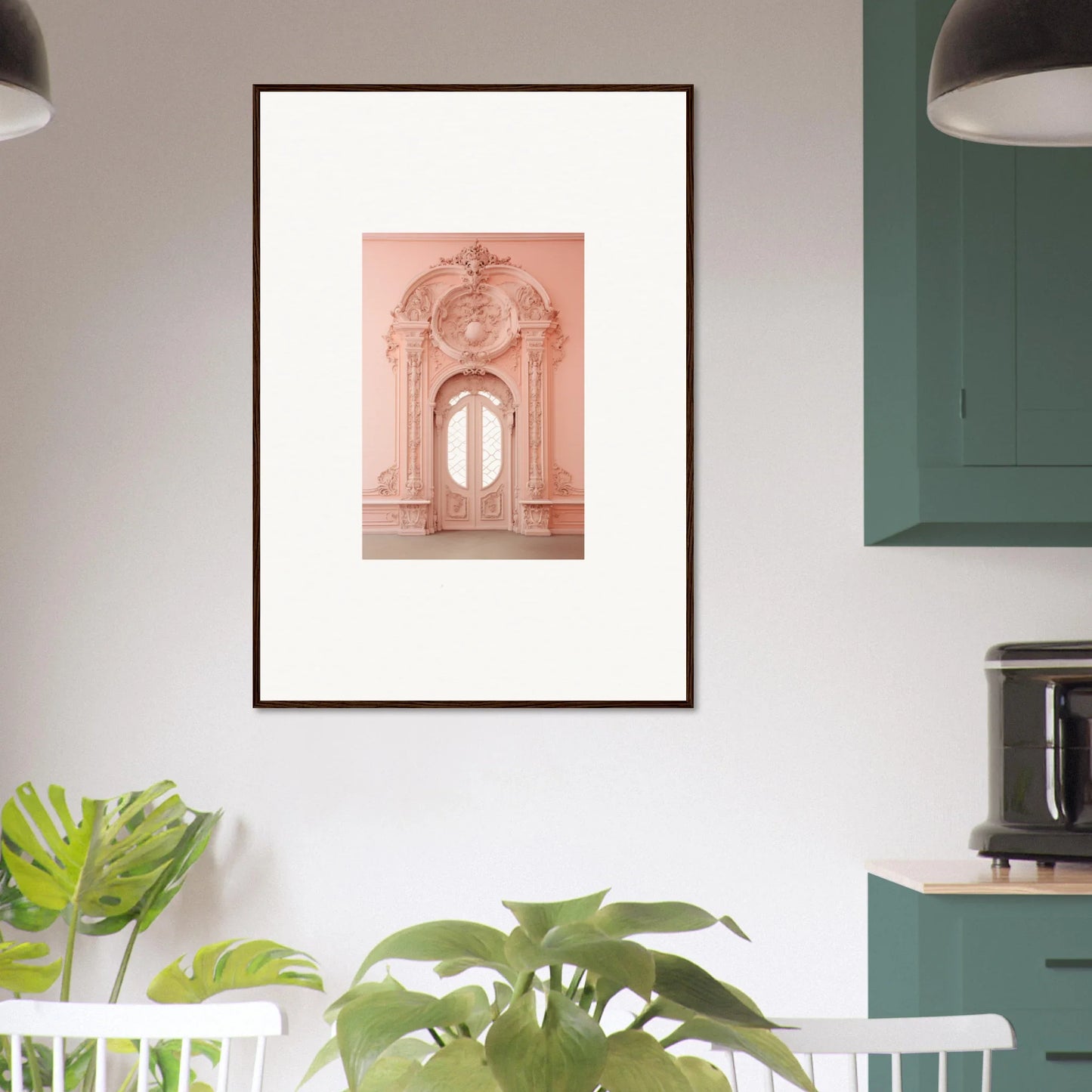 Framed wall art of Ether Pendantia Portal with ornate doorway in peachy-pink tones