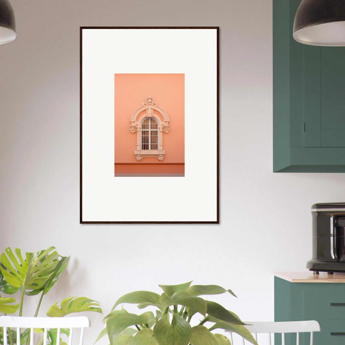 Framed art print of an ornate peach window in Opulent Dualities Neoclassical style