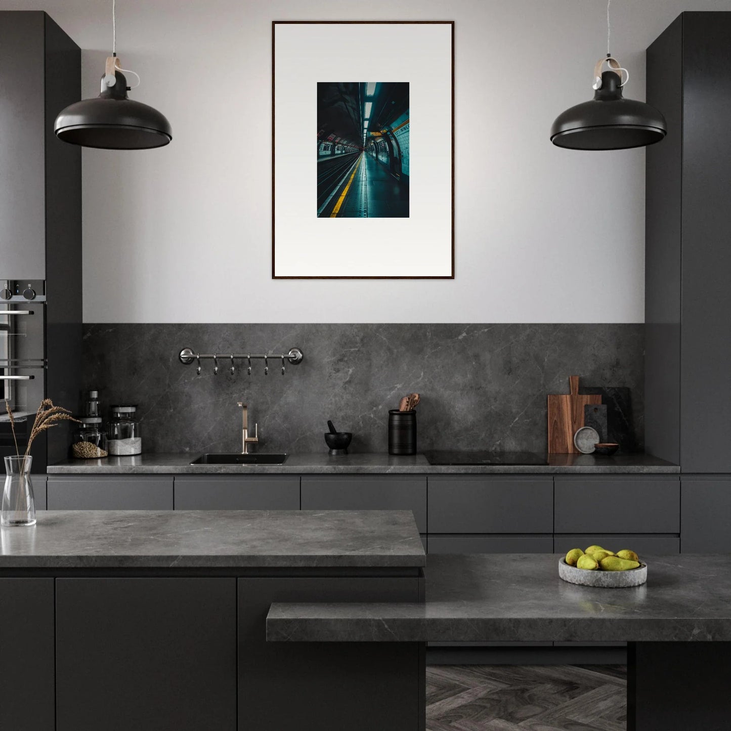 Modern dark gray kitchen featuring Portal Echo Anatomy and industrial pendant lights