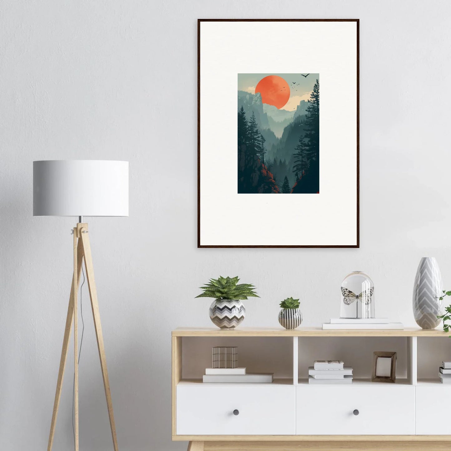 Framed canvas print of forest landscape with red sun for stylish room decoration