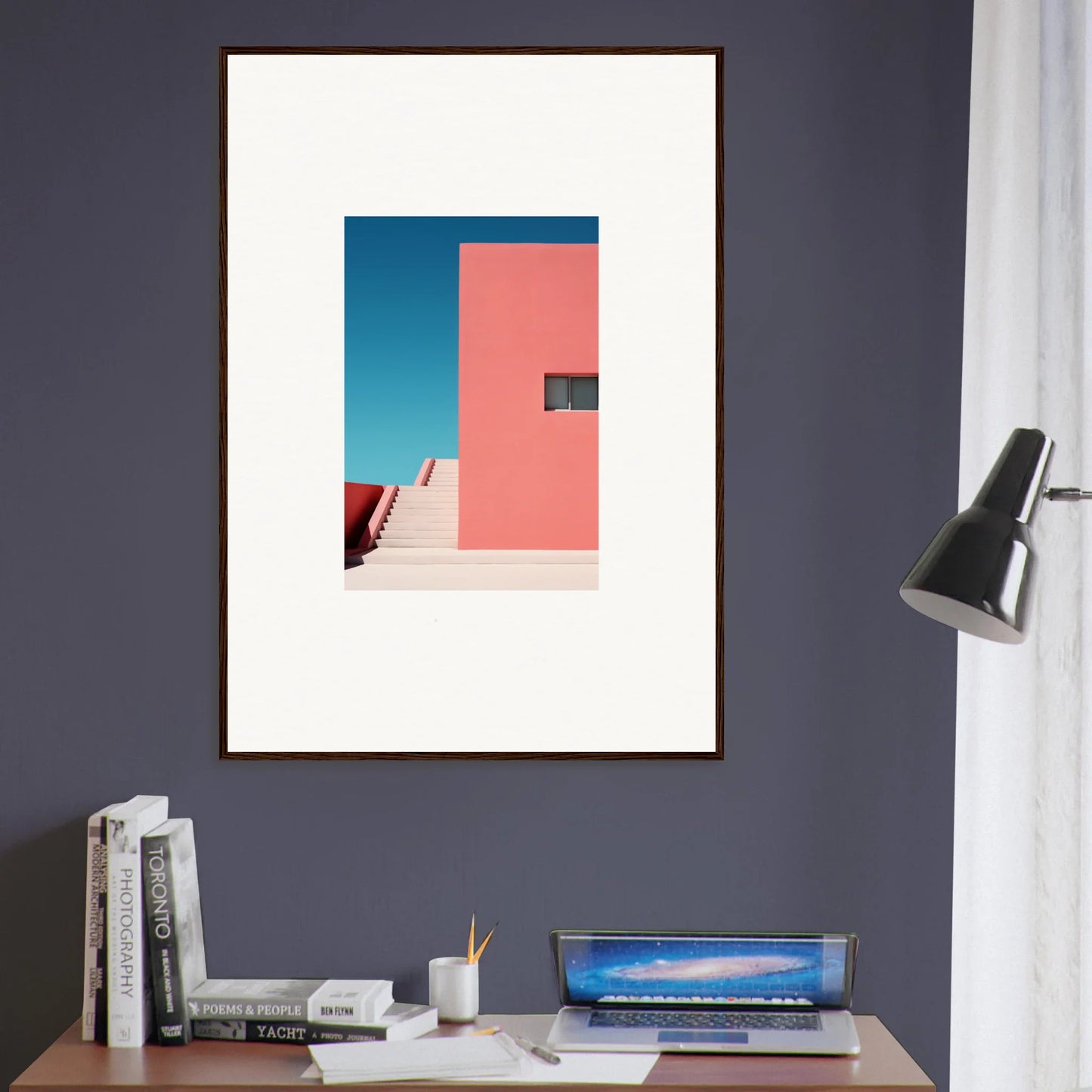 Framed wall art of Cerulean Dream Ickles with a pink wall and blue sky backdrop