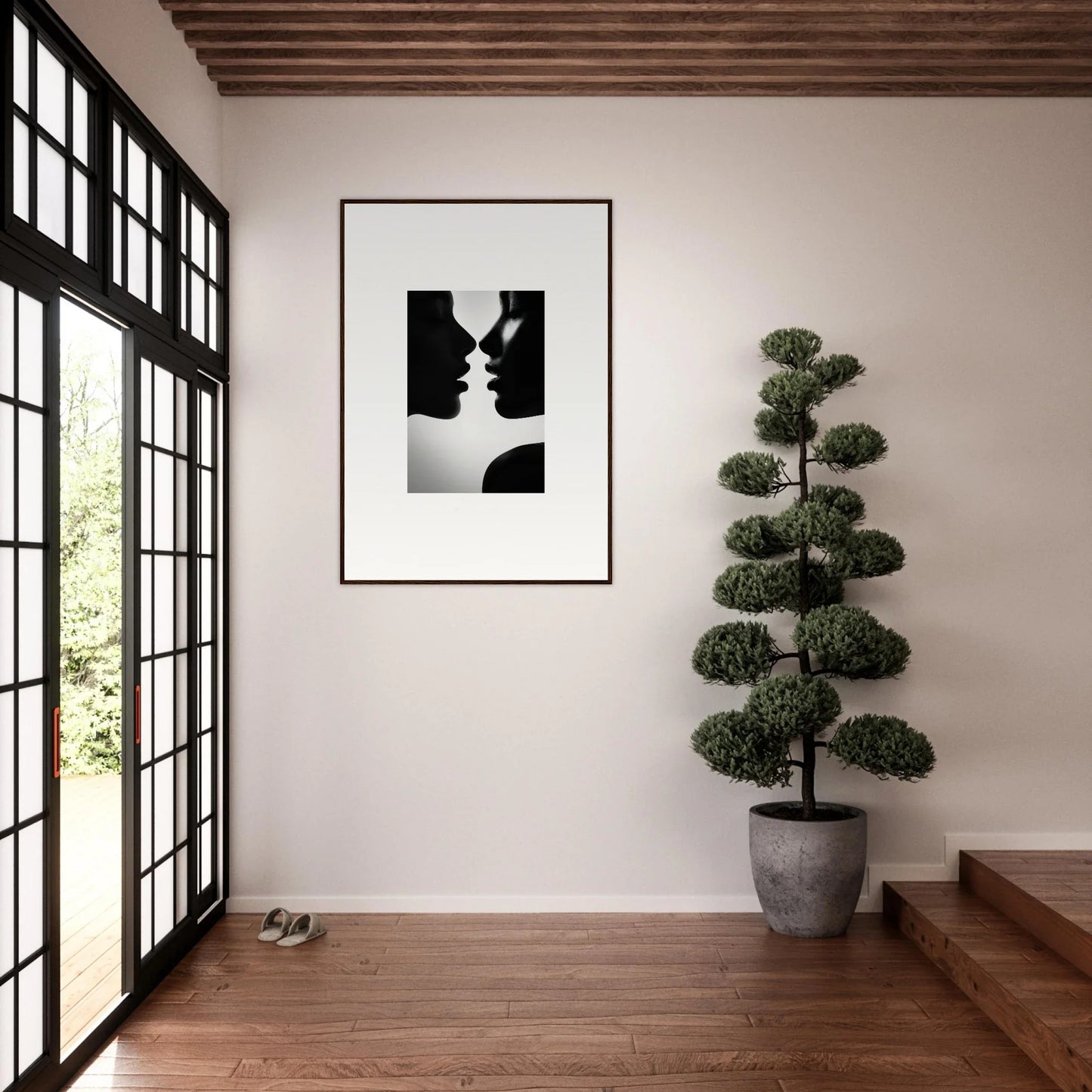 Minimalist black and white silhouette art of two faces about to kiss in Sables Dance