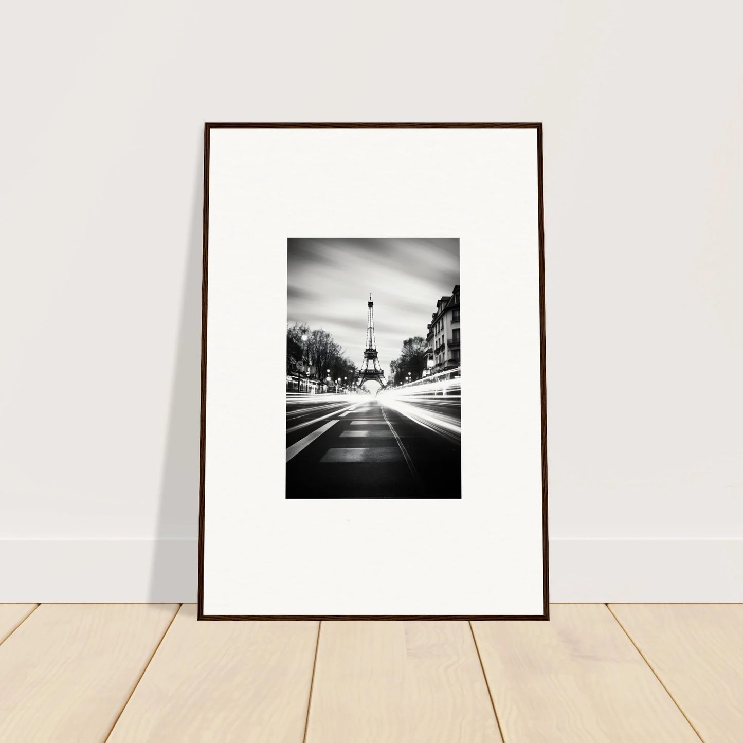 Framed black and white Eiffel Tower photo down a Paris street for Synth Wave Elysium