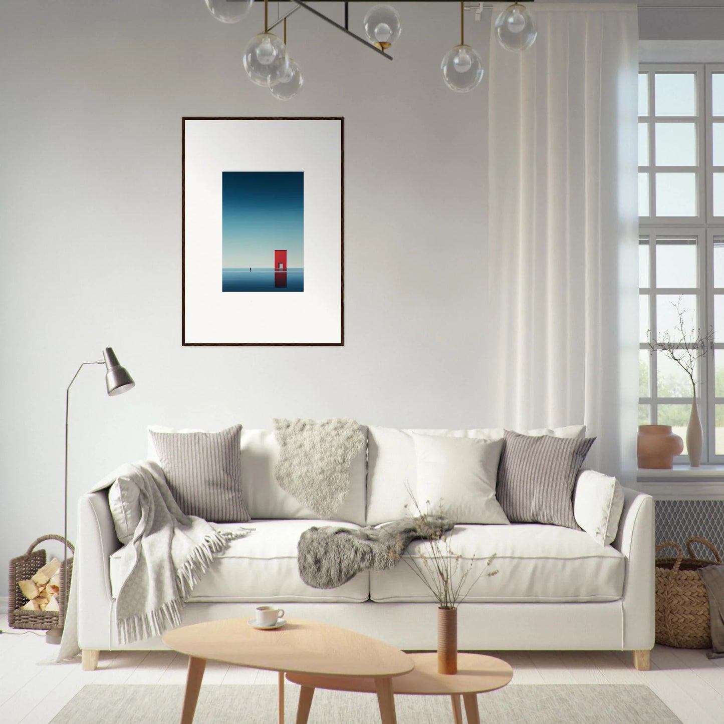 White sofa adorned with gray and cream pillows in the Open Horizon special edition art™