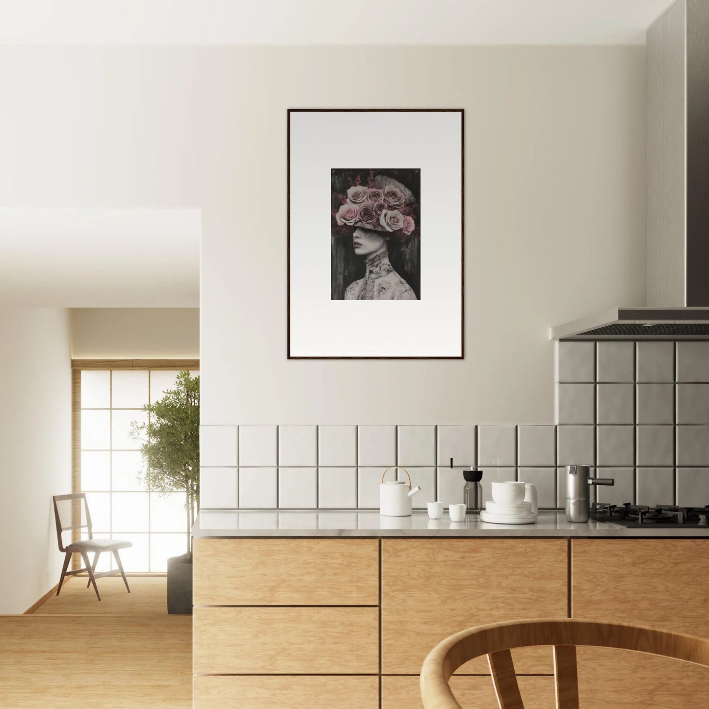 Framed black and white artwork of a figure in a floral hat for Floral Odyssey Veil