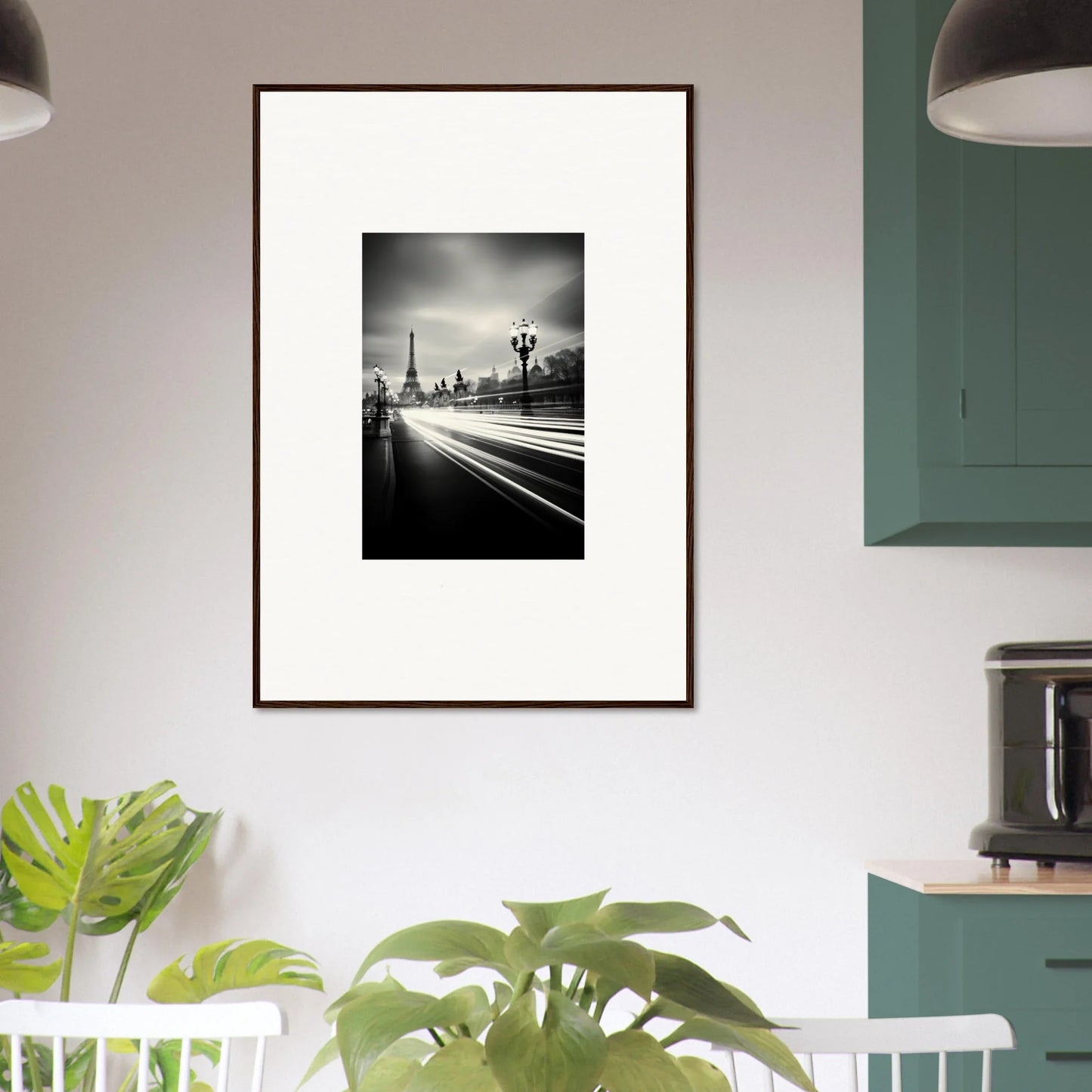 Framed black and white Eiffel Tower art with light trails, perfect for your wall decor