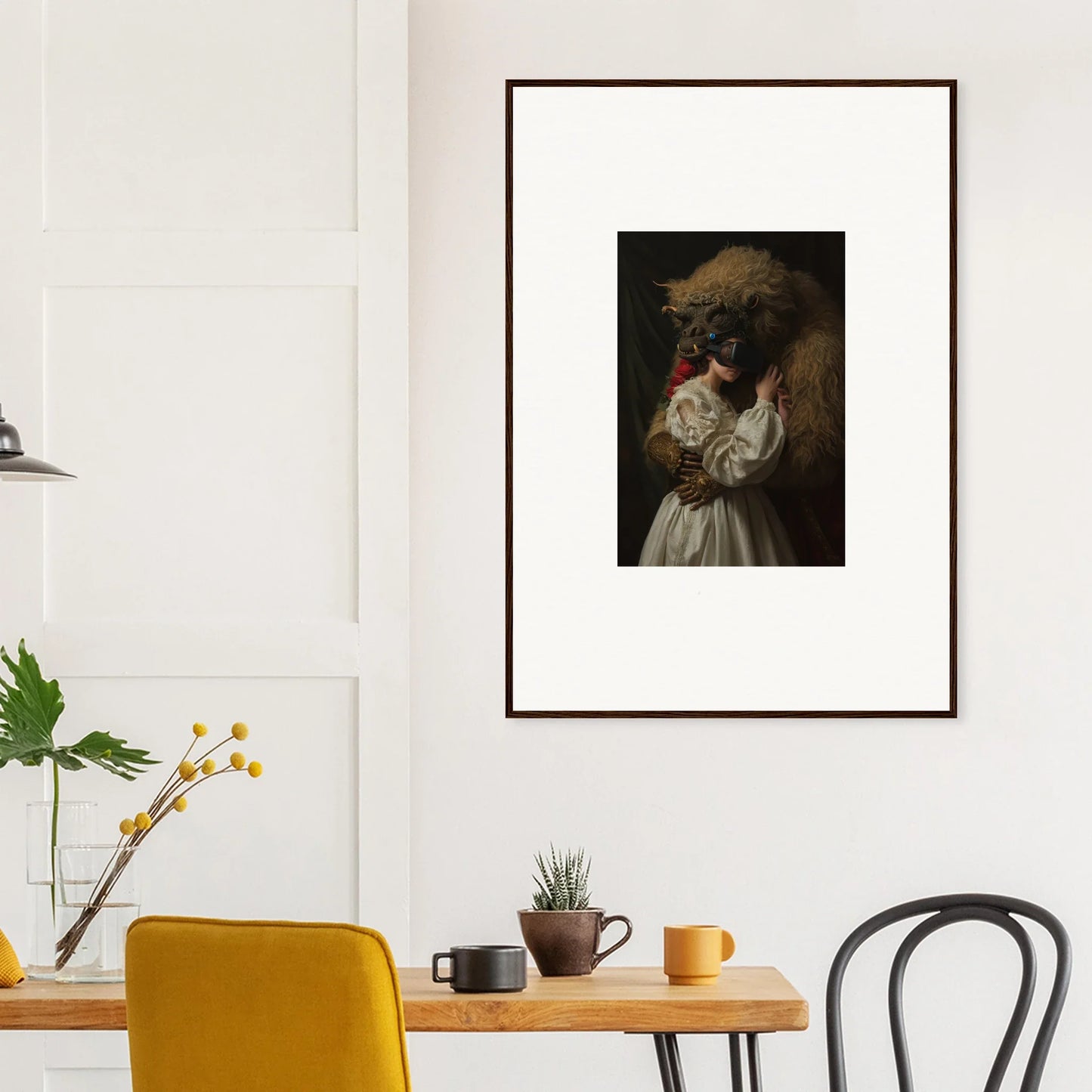 Framed dark portrait of Tender Mirage Embrace on a white wall, perfect for decor