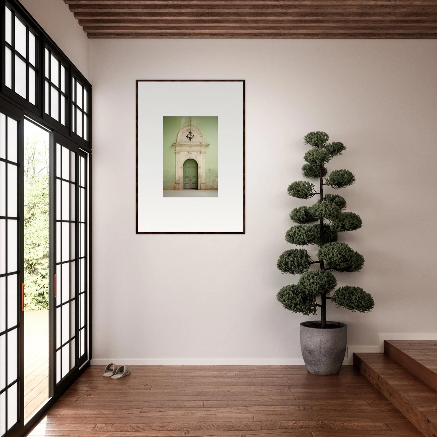 Framed photograph of a pale green doorway with a cross for Thresholds Quiet Whisper