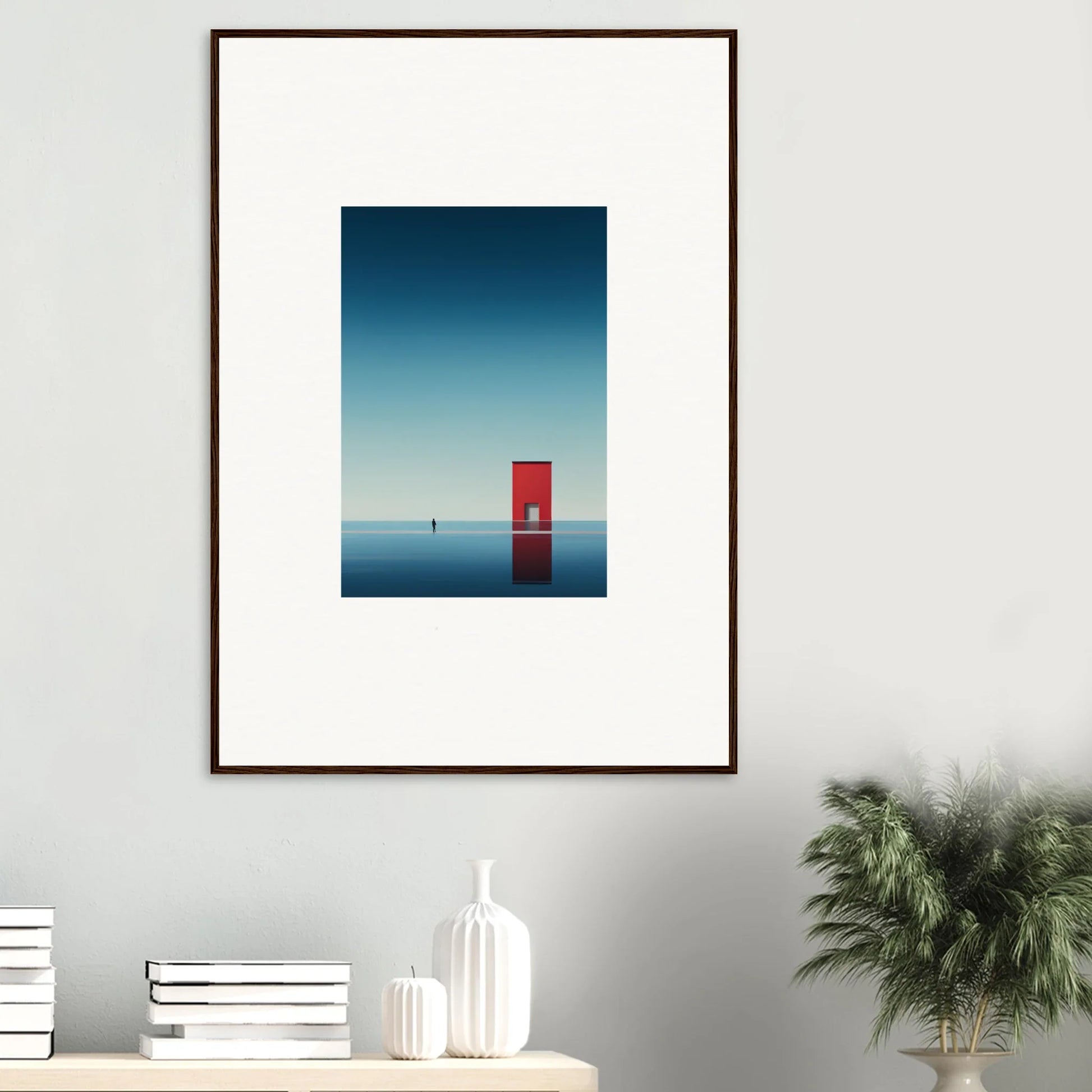 Framed minimalist artwork of a red door in water under a blue sky for Open Horizon