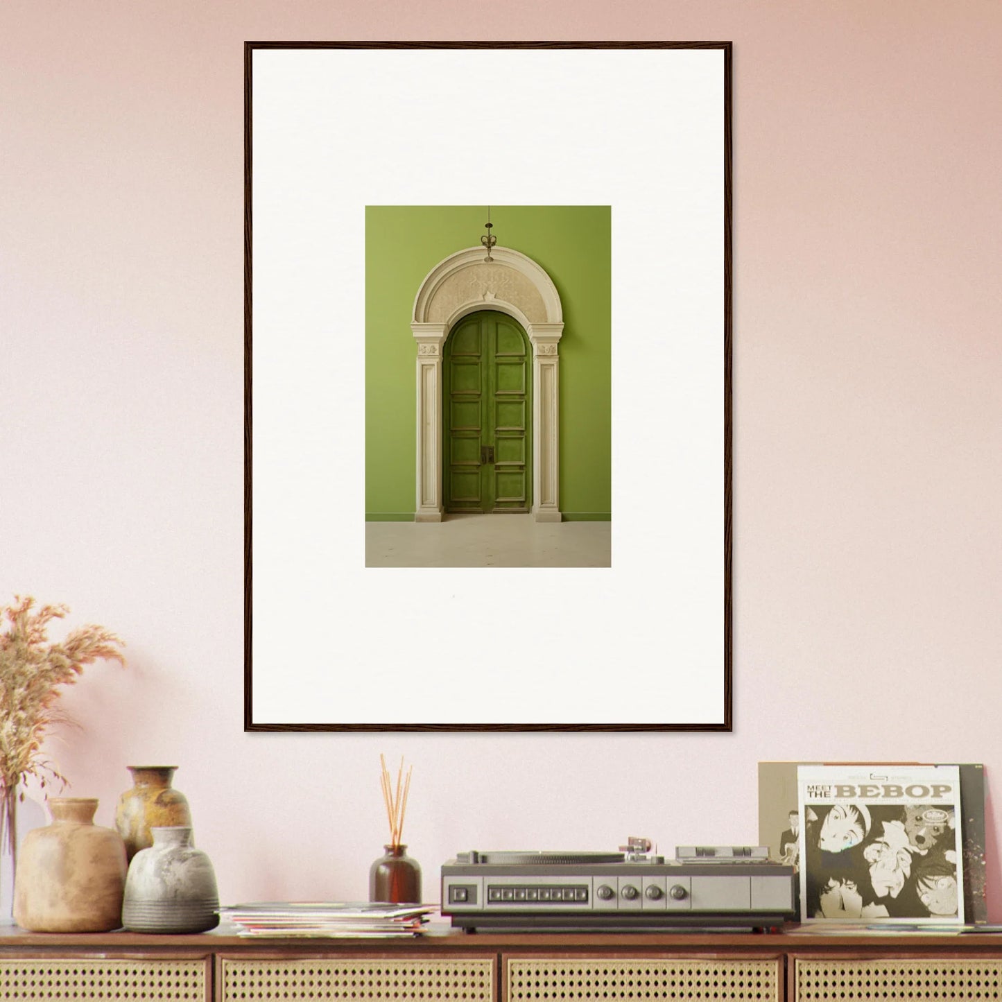 Framed wall art of a green door with stone trim in Verdant Luminary Portal design