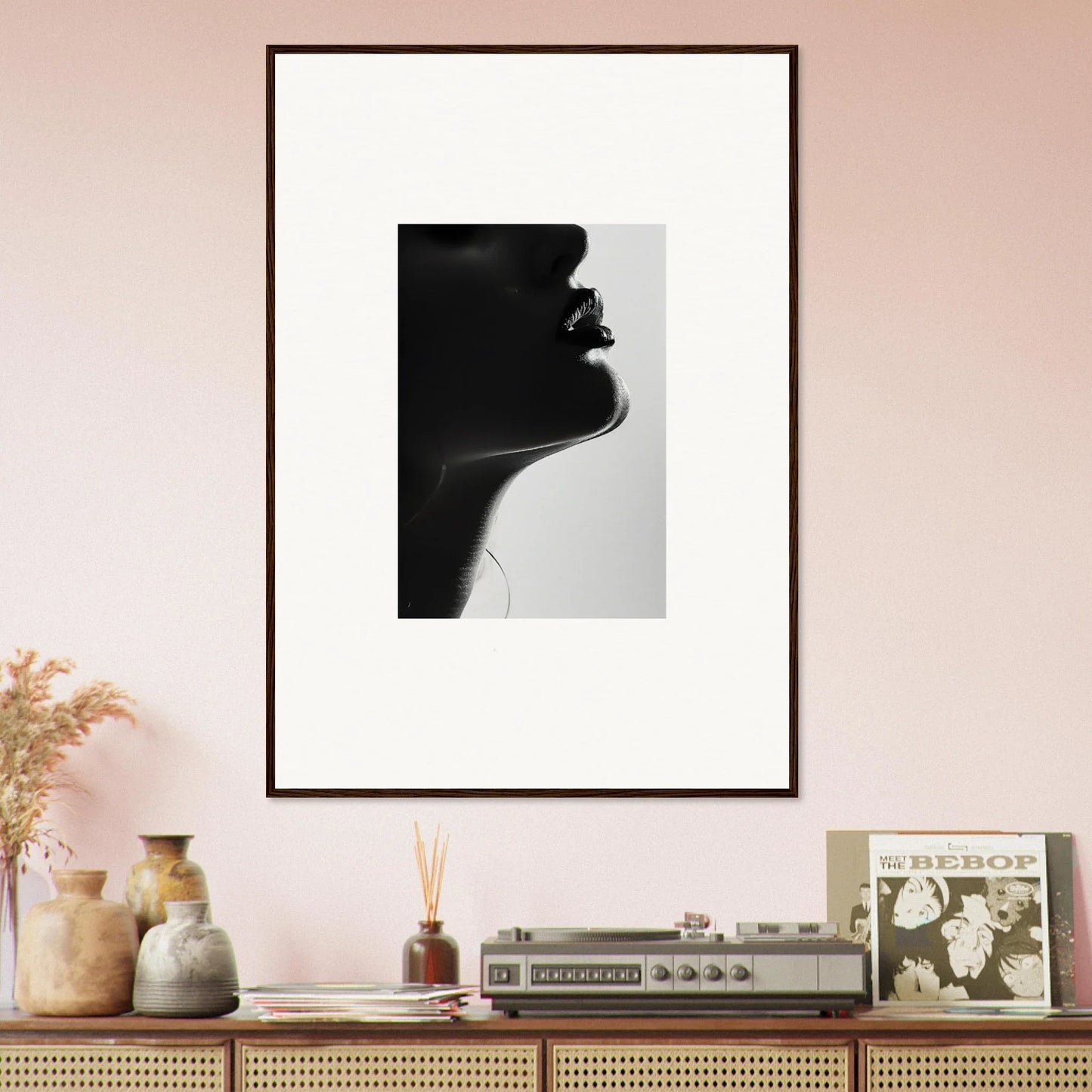 Framed black and white silhouette art from Ethereal Odyssey Sonata on wall