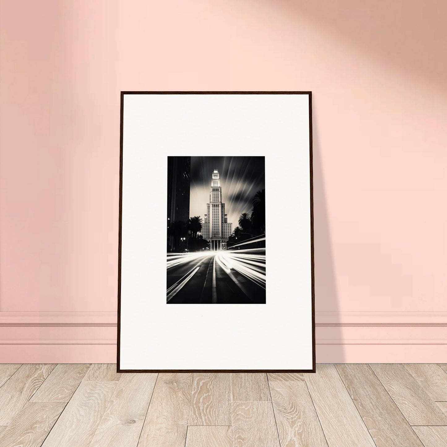 Framed black and white city skyscraper photo with car lights for Luminescent Metropolis Beacon