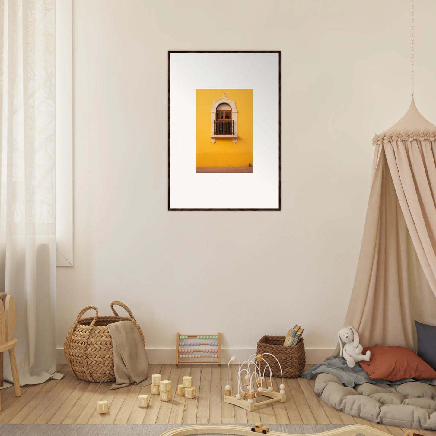 Framed photo of an arched window on a yellow wall, part of Golden Portal Reverie