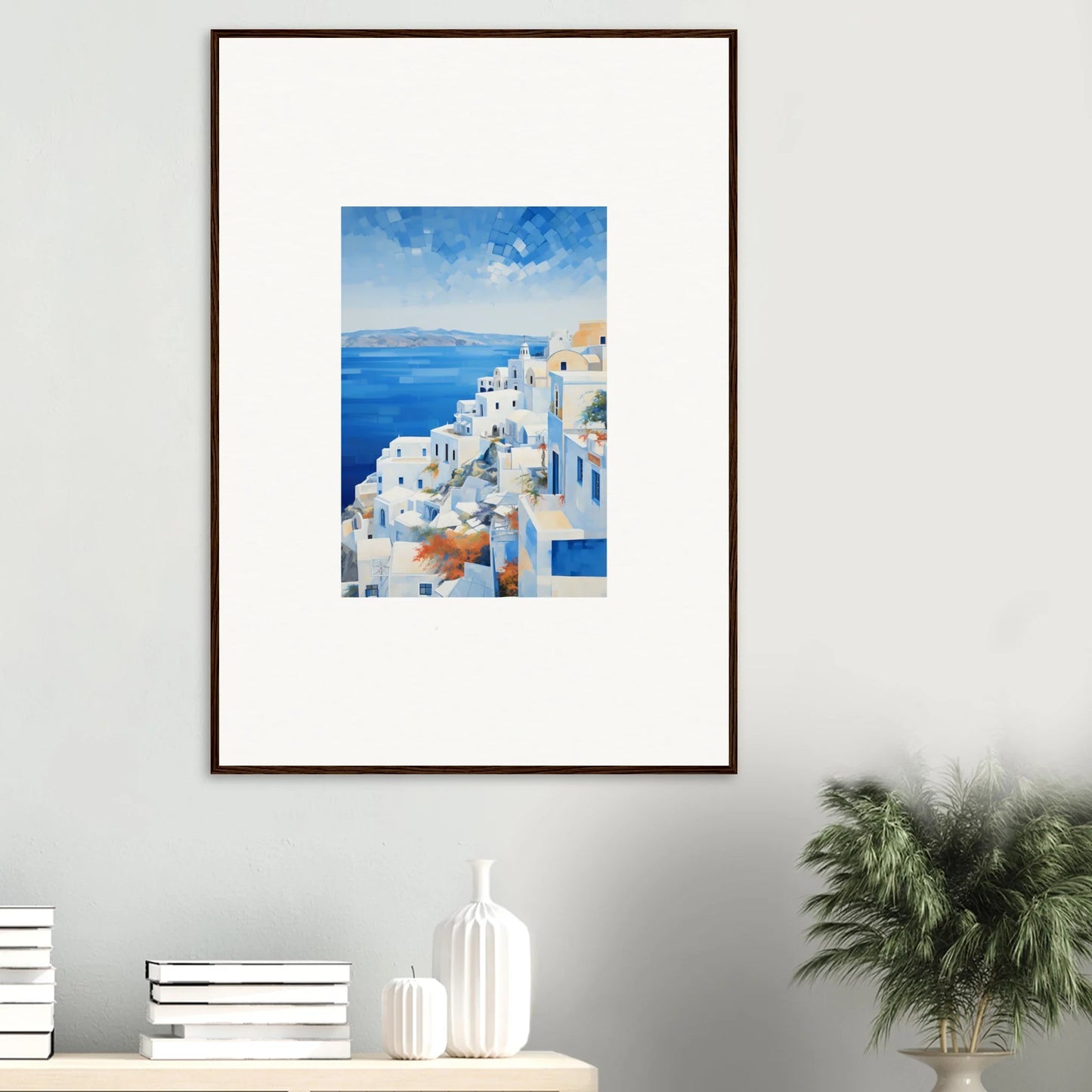 Framed wall art of Ethereal Azure Echoes featuring Santorini’s blue domes and sea