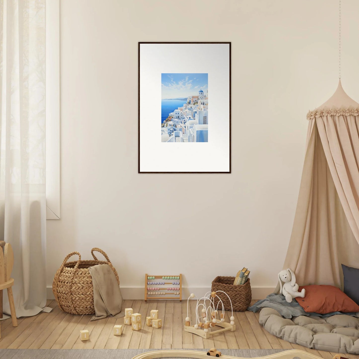 Framed wall art of Santorini’s white buildings and blue domes in Dreams Overlapping Reality
