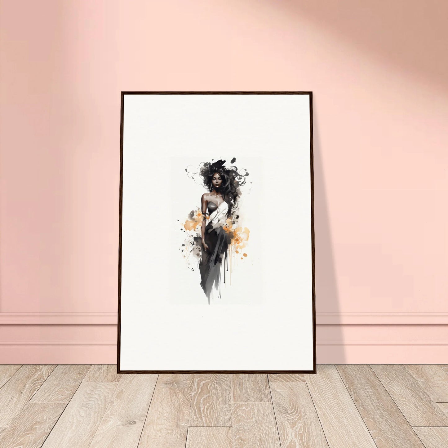 Framed black and orange Harlequin Suns Wash art featuring an ethereal feminine figure
