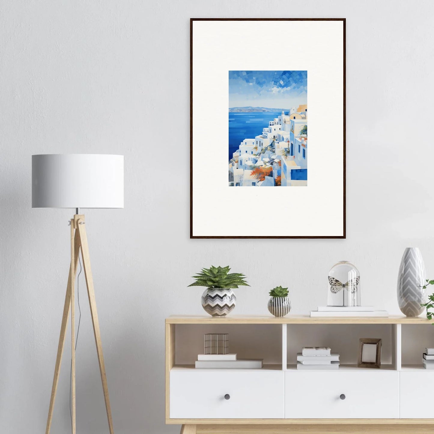 Framed wall art of Santorini’s blue domes in Ethereal Azure Echoes design