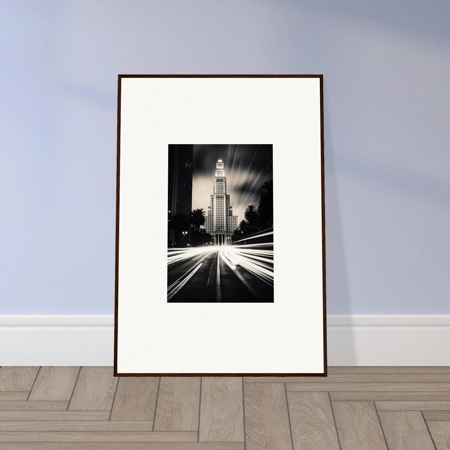 Framed black and white skyscraper photo with light trails, perfect for Luminescent Metropolis Beacon