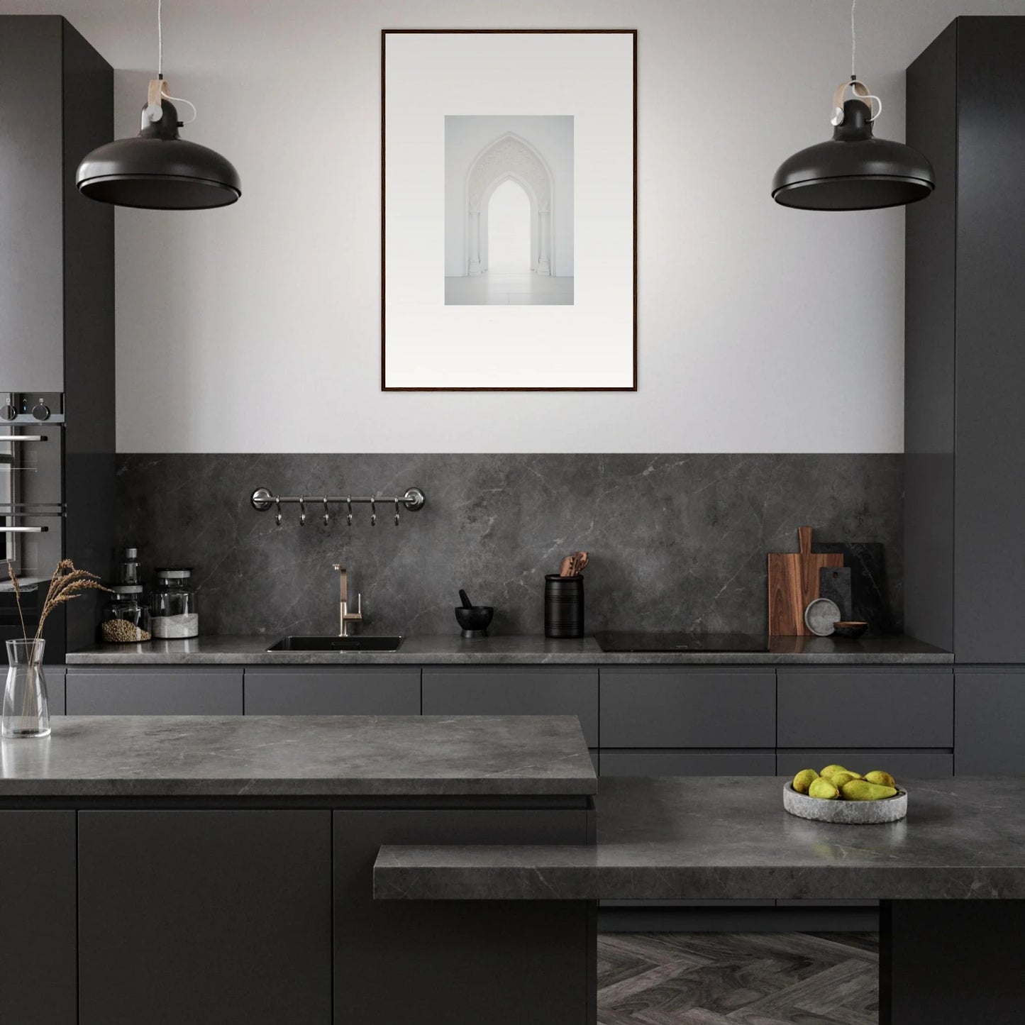 Modern minimalist kitchen with dark gray cabinetry and Meditative Nova Portal art