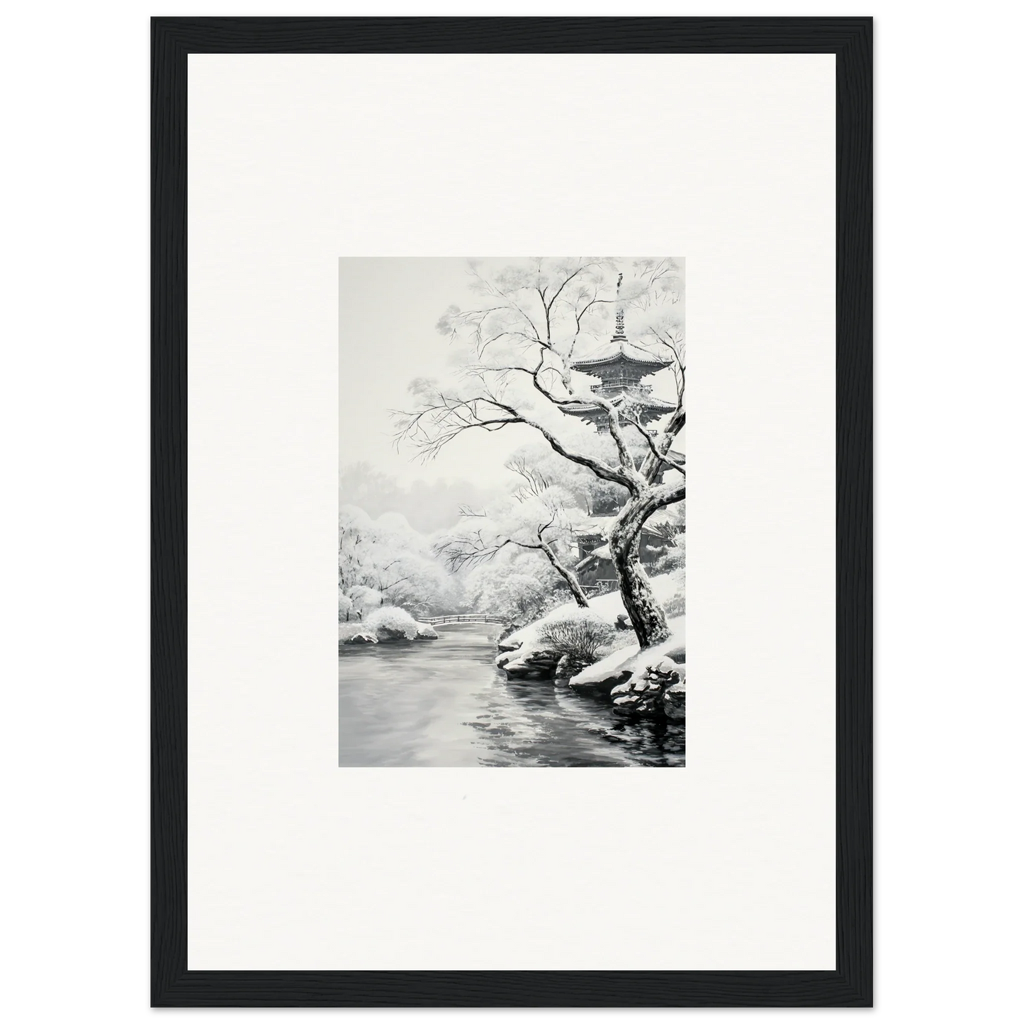 Black-framed artwork of a snow-covered tree by water in Metaphysical Winter Reverie