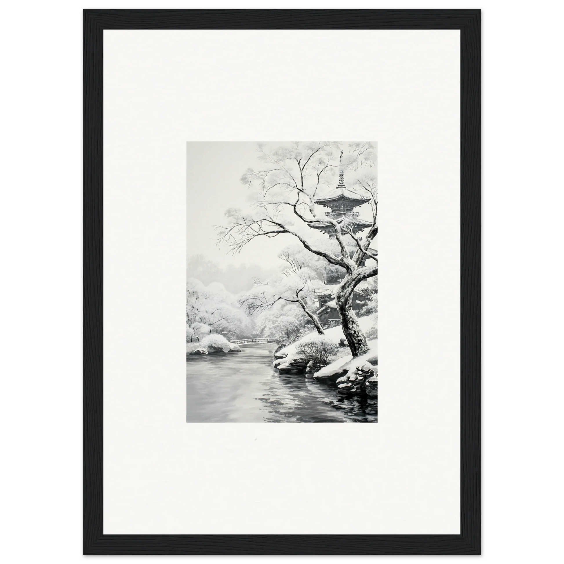 Black-framed artwork of a snow-covered tree by water in Metaphysical Winter Reverie