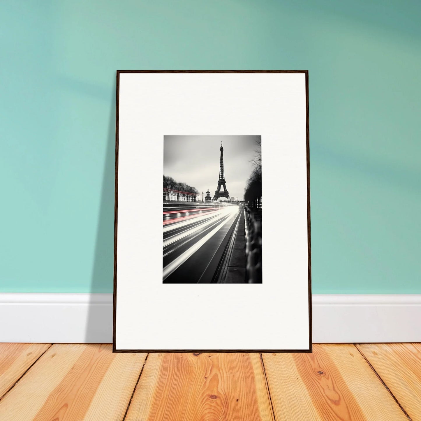 Framed black and white Eiffel Tower photo with light trails from Eternal Windsweep Halo