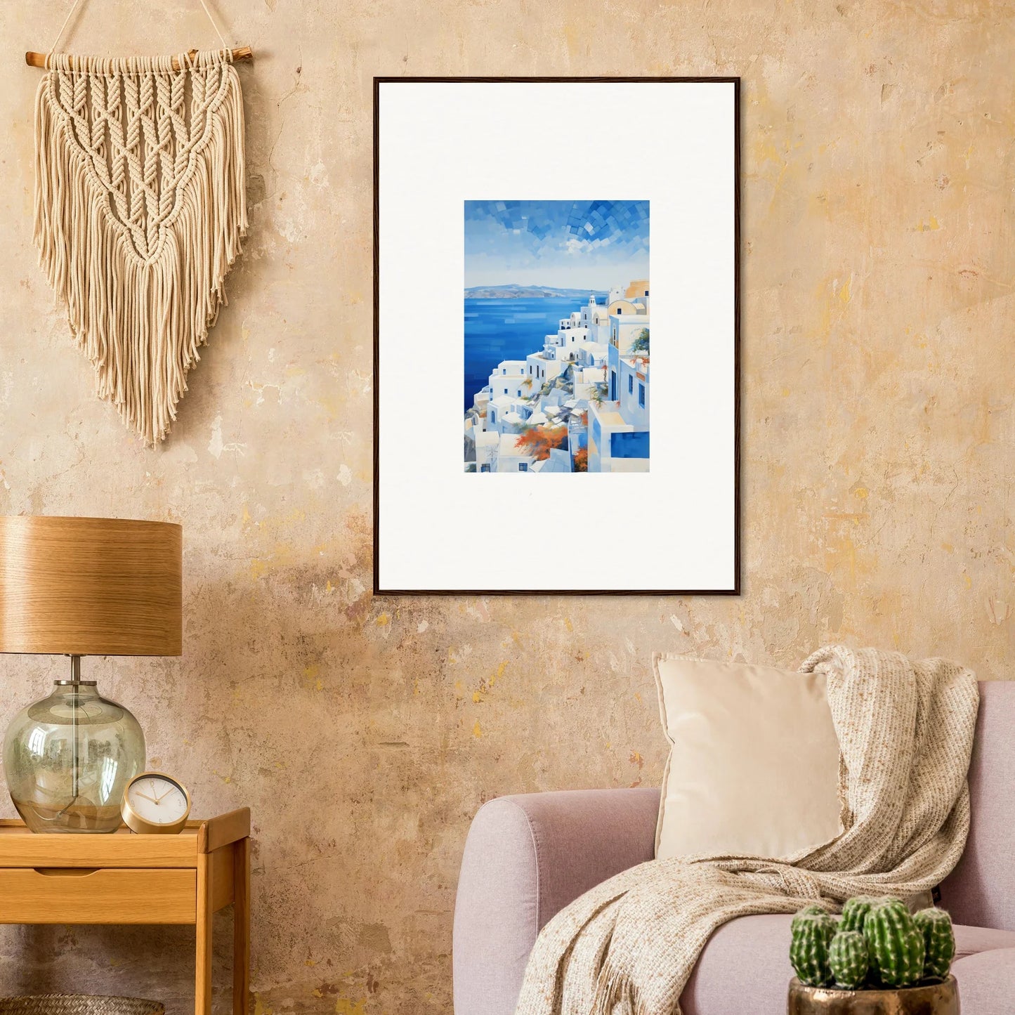 Framed wall art of Santorini’s white buildings and blue domes in Ethereal Azure Echoes