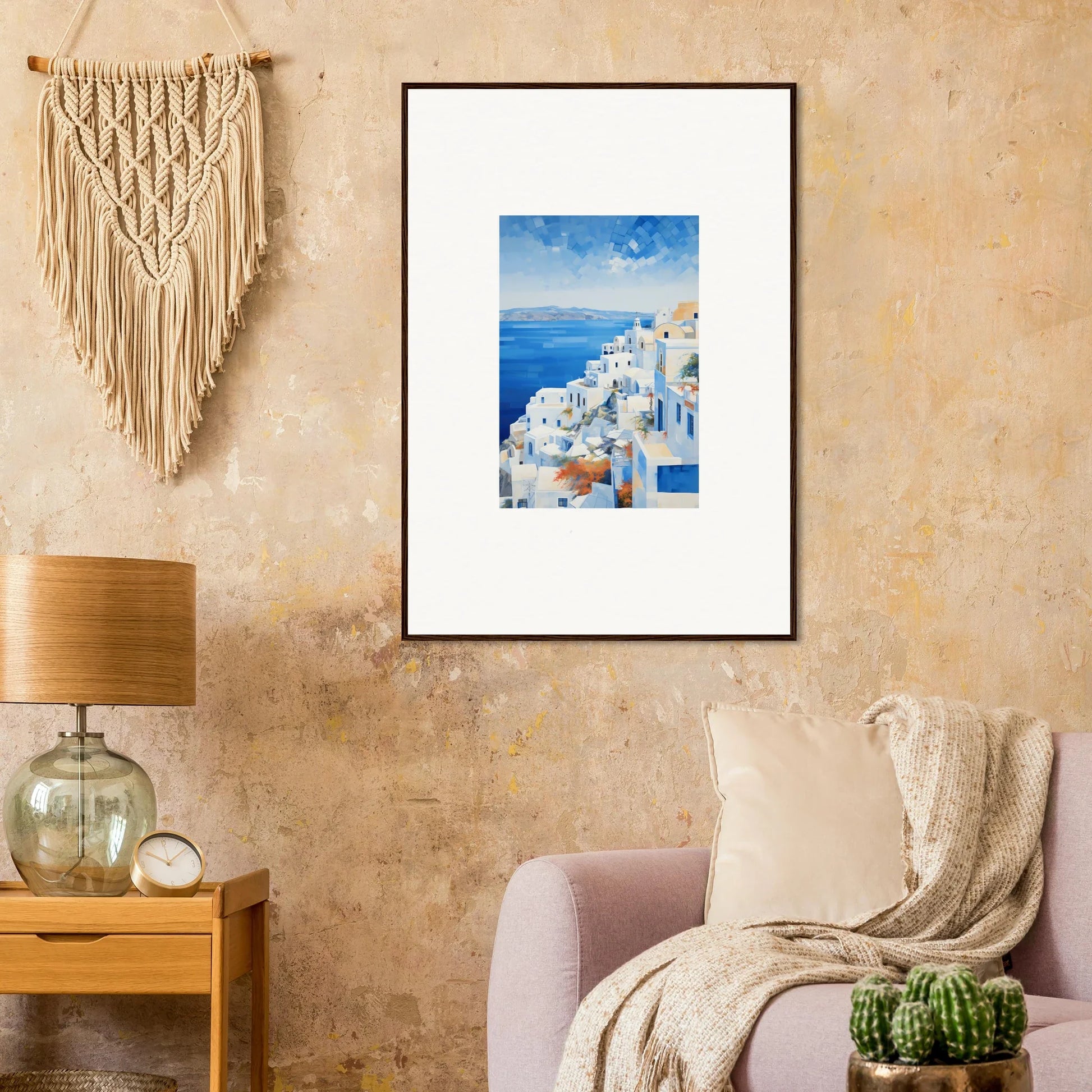 Framed wall art of Santorini’s white buildings and blue domes in Ethereal Azure Echoes