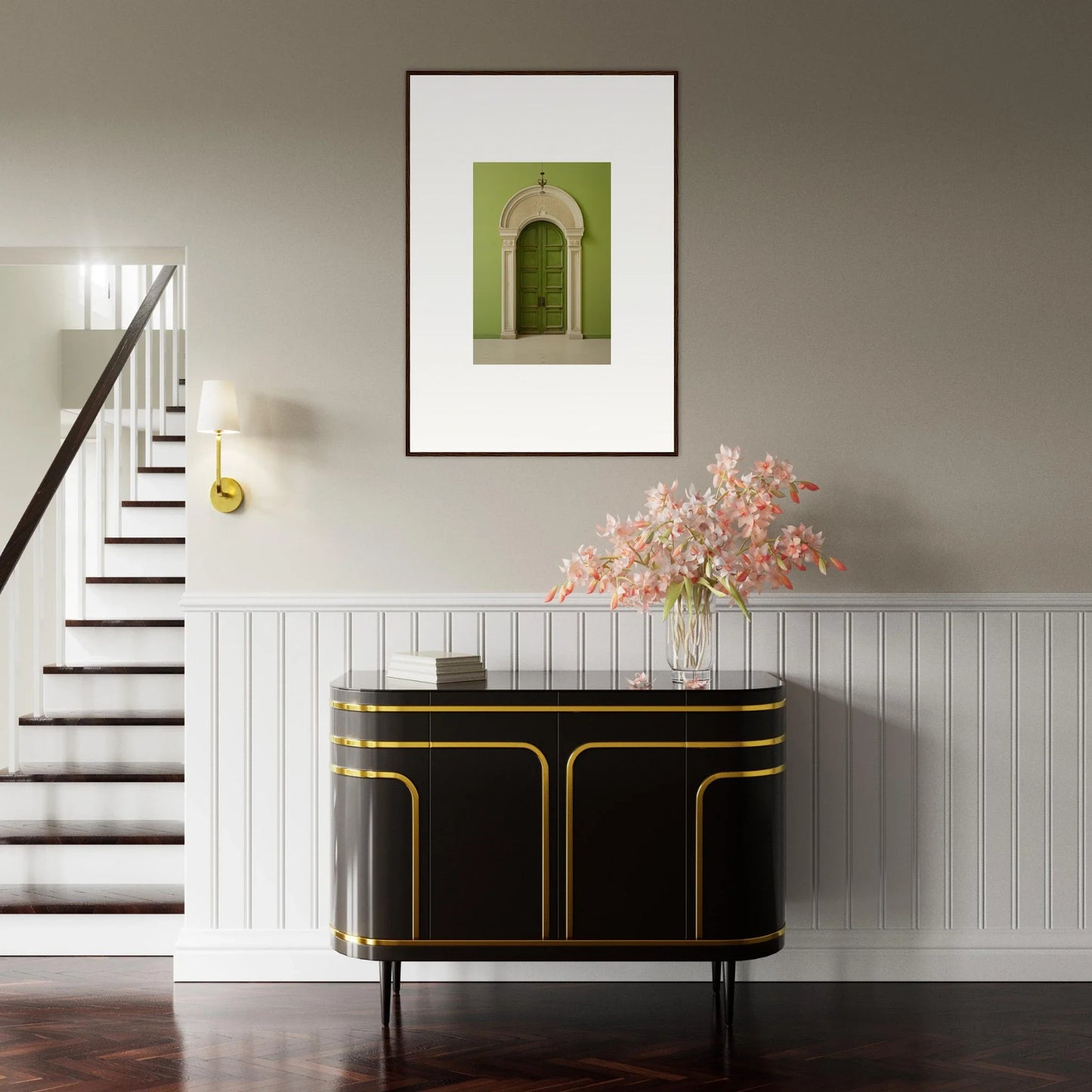 Art Deco black cabinet with gold trim, part of the Verdant Luminary Portal collection