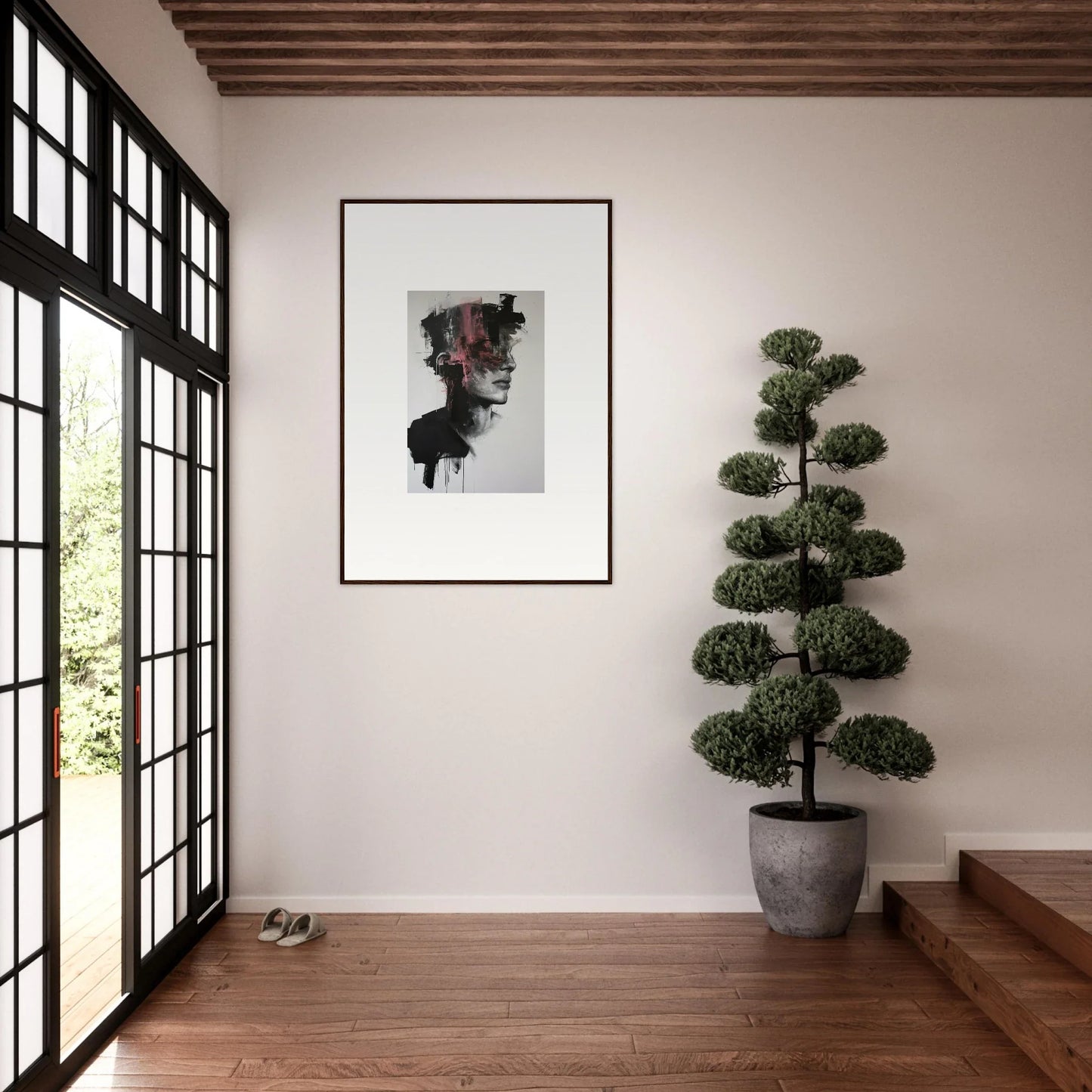 Minimalist black and white Fragmented Psyche Canvas art in a sleek frame