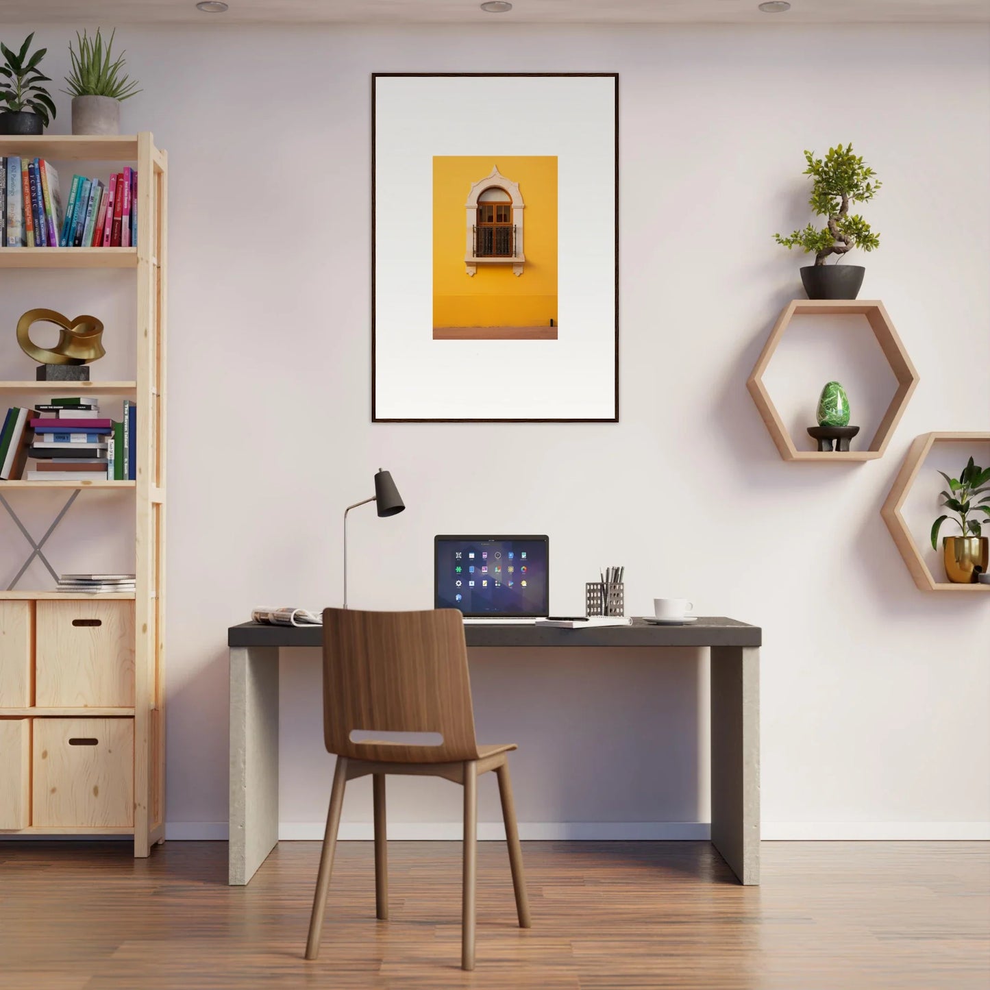 Modern home office featuring Golden Portal Reverie with dark desk and chic decor