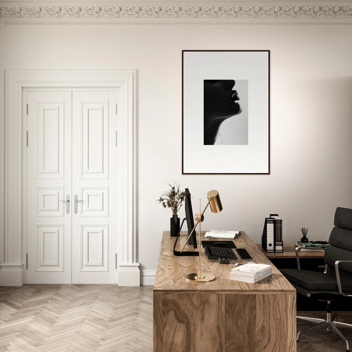 Minimalist home office featuring Ethereal Odyssey Sonata and sleek black silhouette art