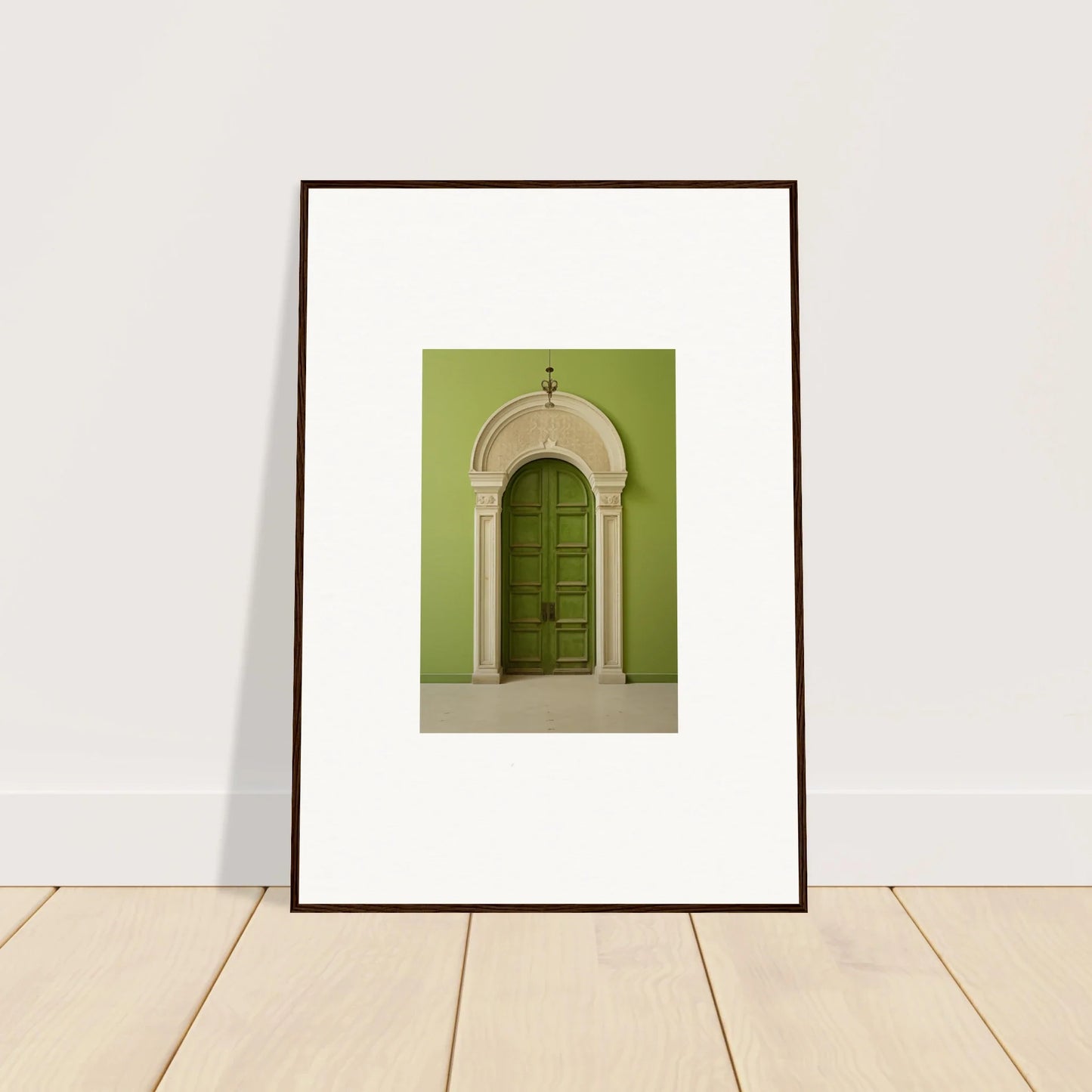 Framed wall art of a green arched doorway, part of the Verdant Luminary Portal collection