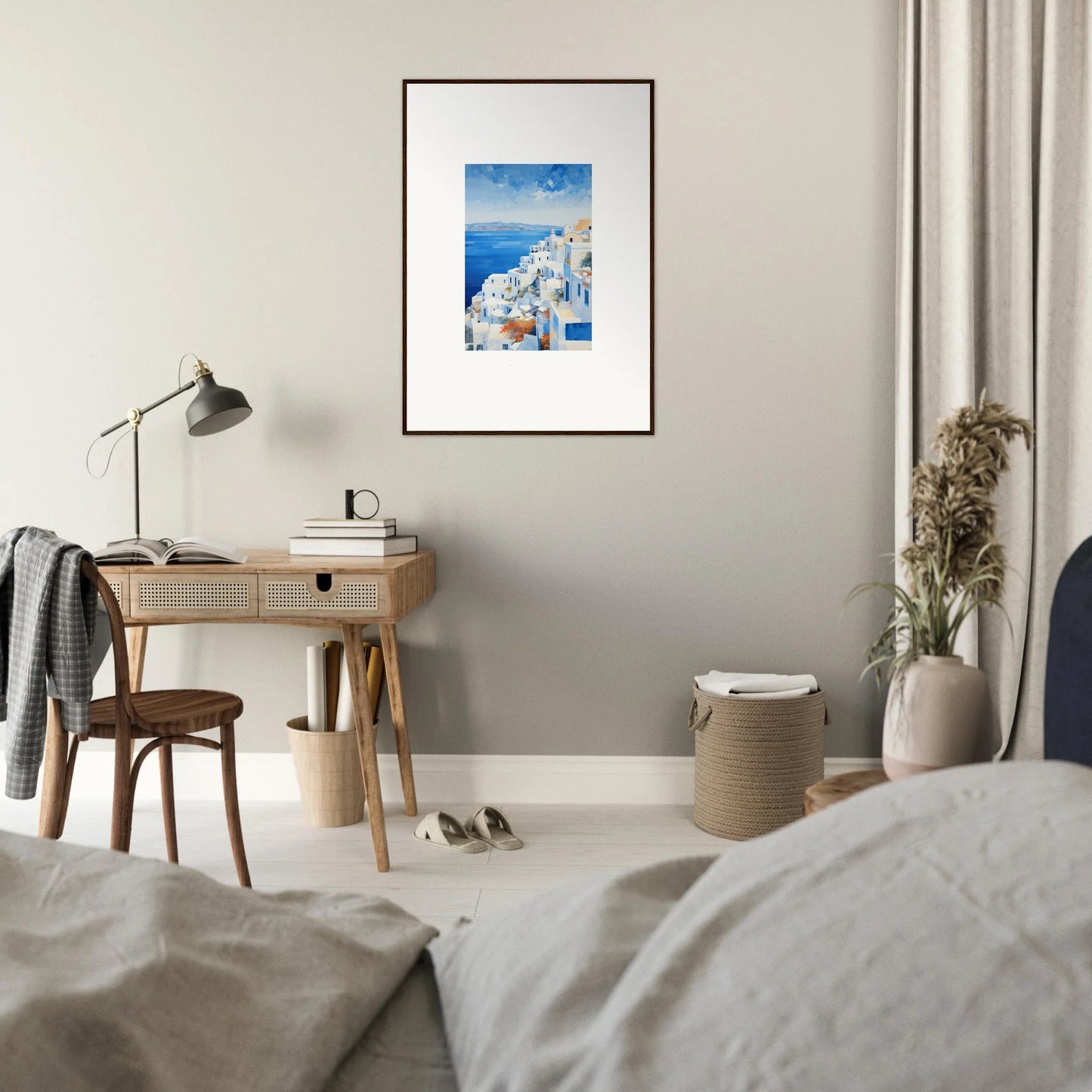 Framed wall art of Santorini’s white buildings and blue domes in Ethereal Azure Echoes