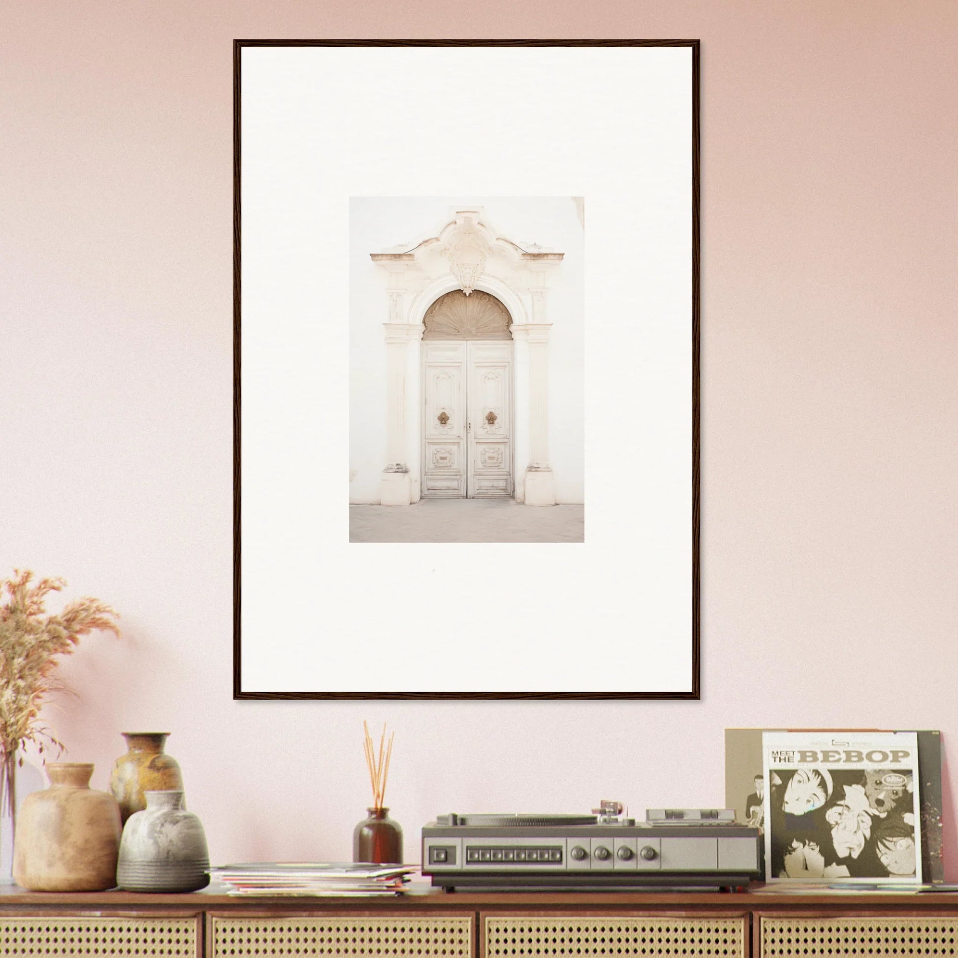 Framed wall art of an ornate white door from the Faded Elegance Whispers collection