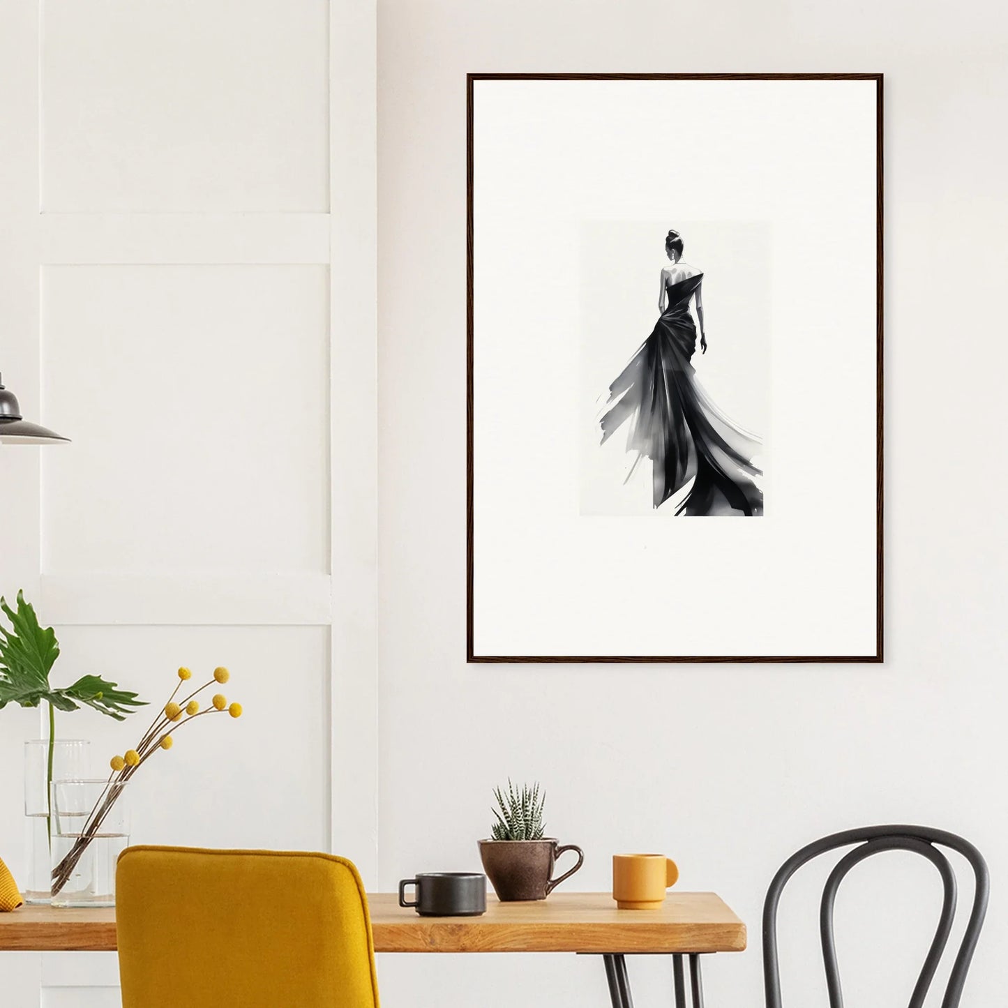 Elegant black and white watercolor of Umbra Silhouette evening gown in premium framed wall art