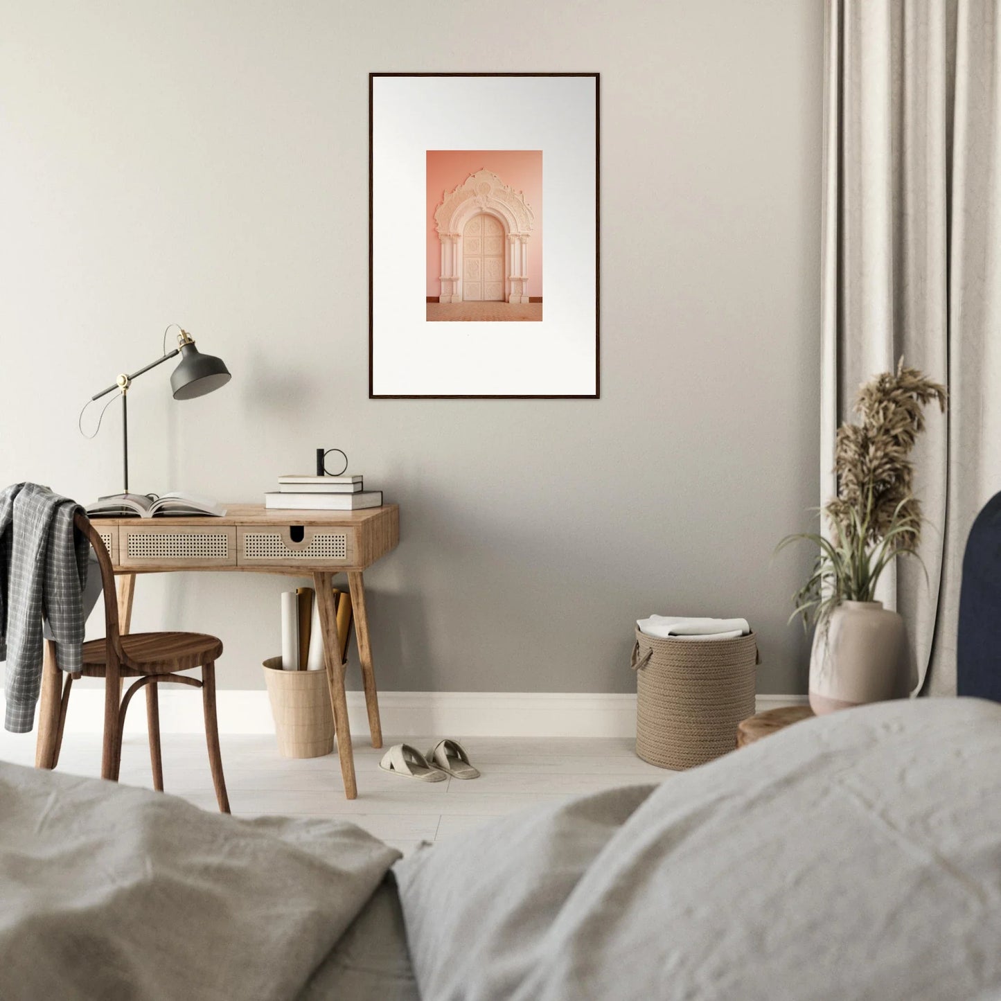 Wooden desk with drawer and lamp from Patio Reverie Sleutelenv, perfect for workspace vibes