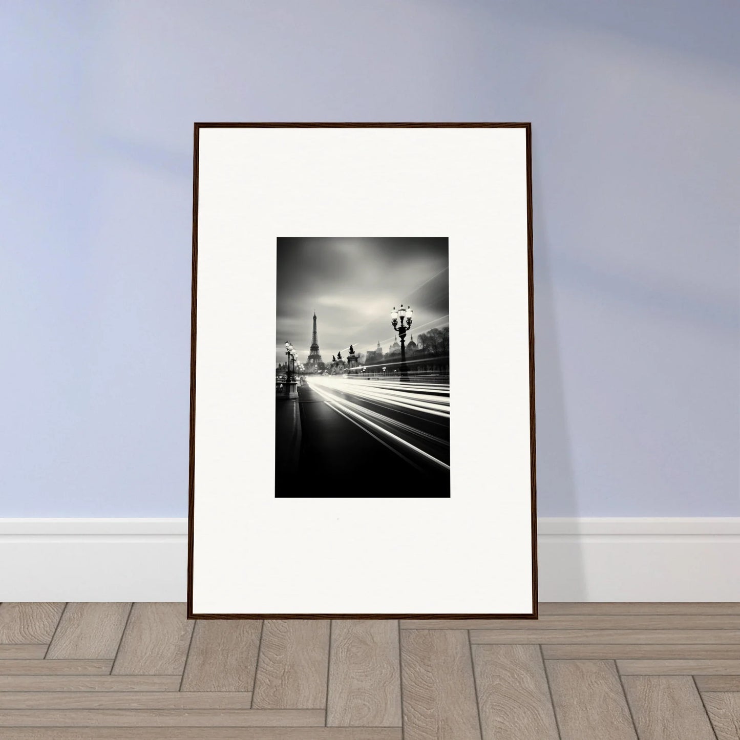 Framed wall art of Eiffel Tower in black and white with light trails for Velocity Of Memories