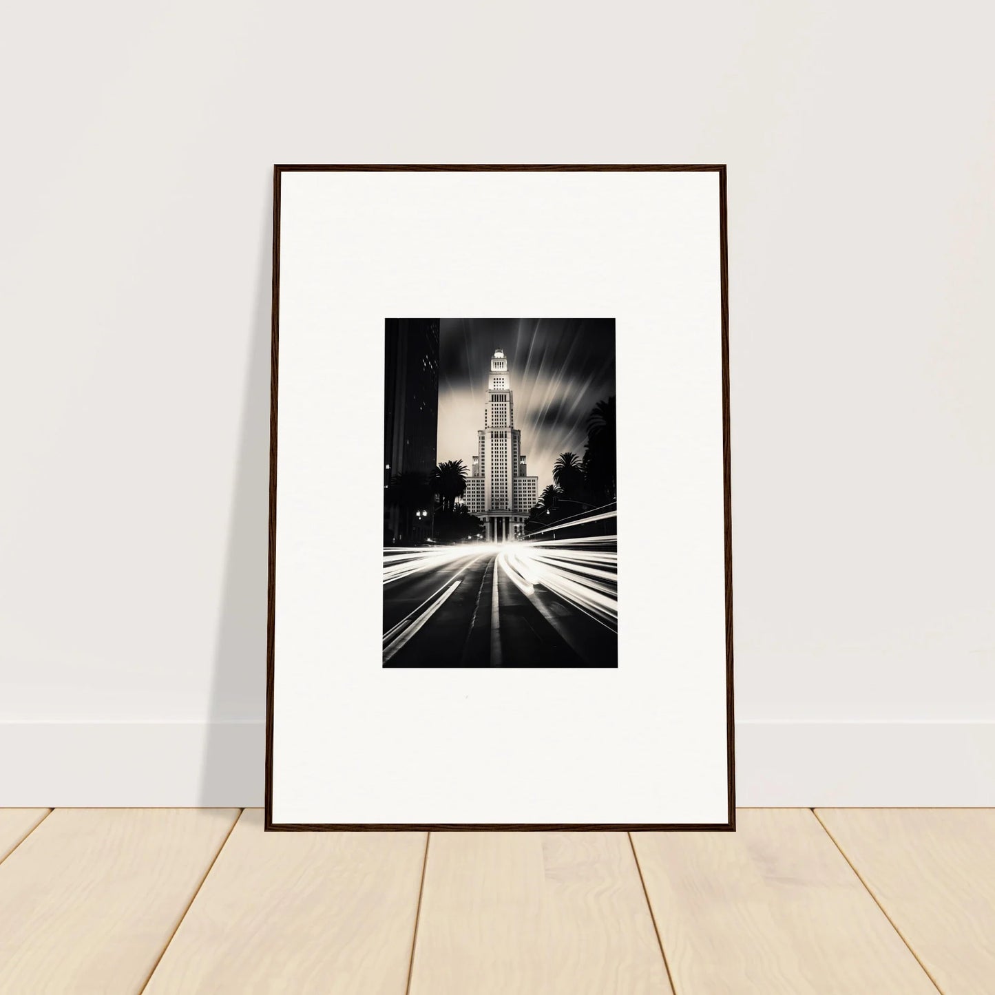 Framed black and white photo of LA City Hall with light trails for Luminescent Metropolis Beacon