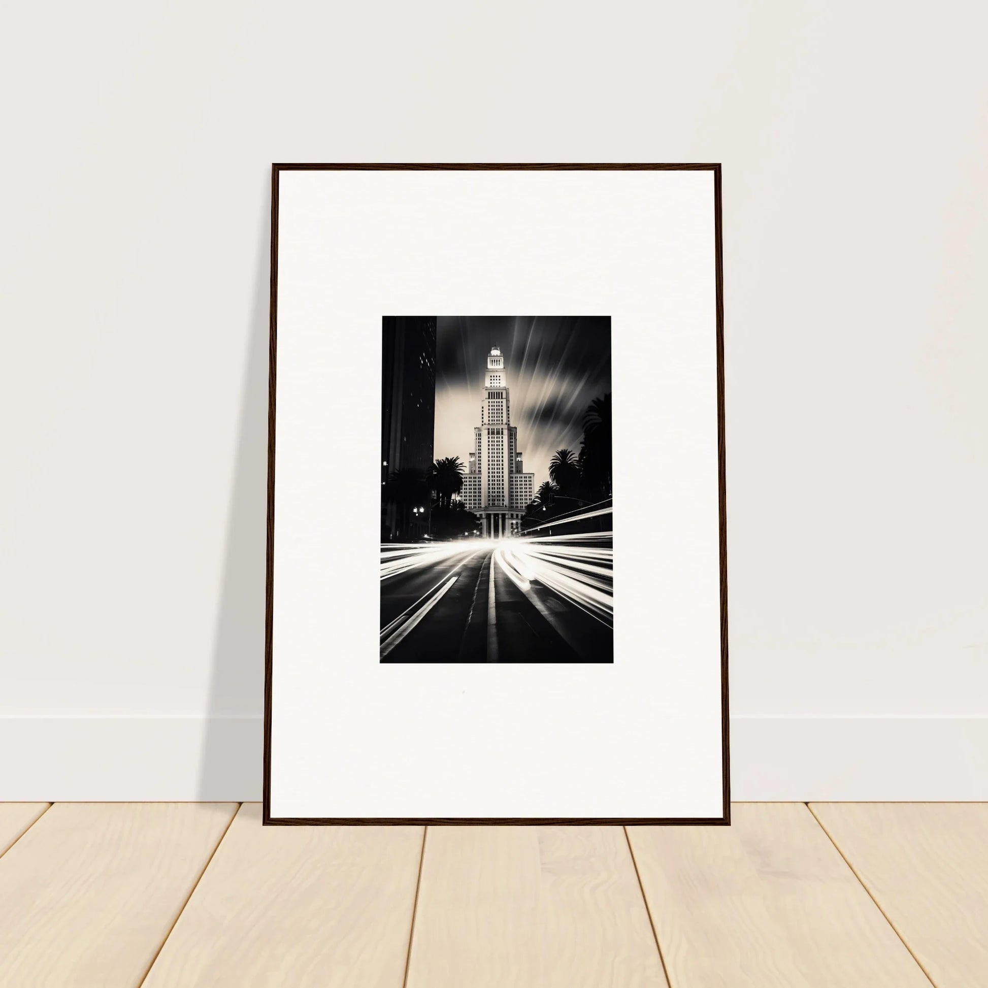 Framed black and white photo of LA City Hall with light trails for Luminescent Metropolis Beacon