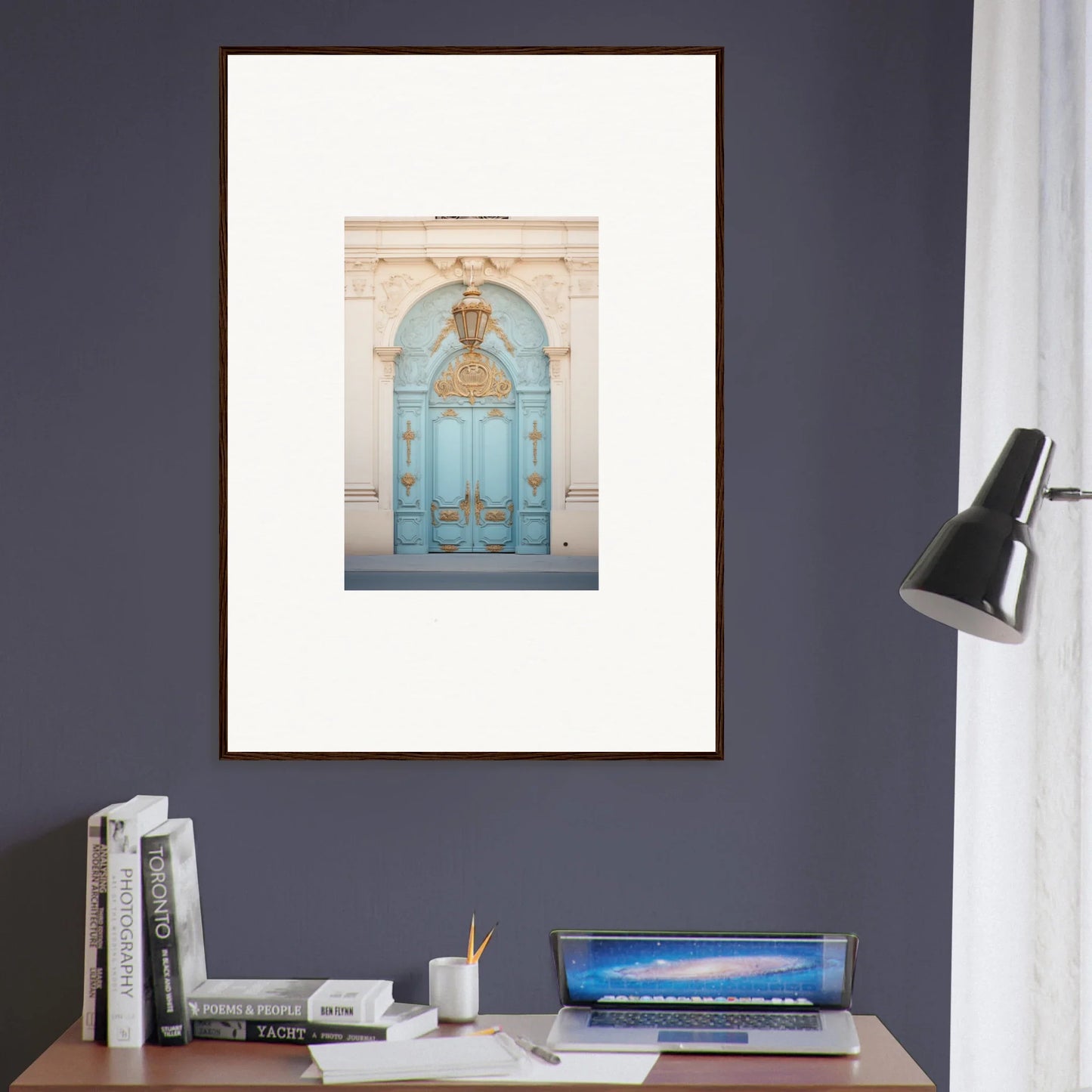 Framed art print of an ornate turquoise door from the Ethereal Thresholding Gate collection